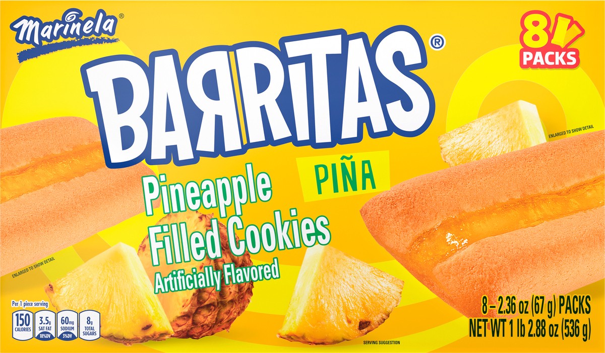 slide 6 of 9, Marinela Barritas Piña Filled Cookies, 8 packs, Pineapple Cookie Bars, 18.88 oz Multipack, 8 ct