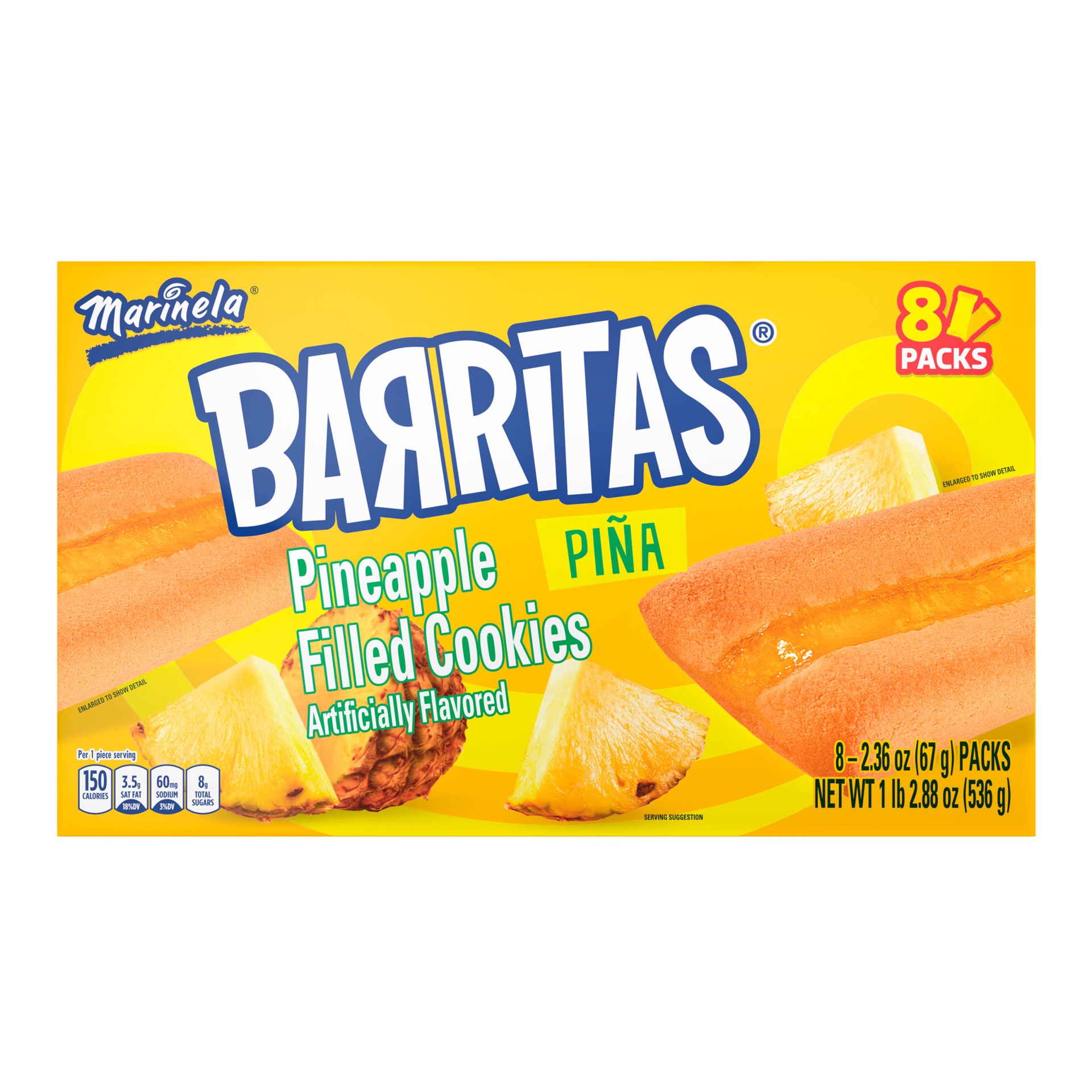 slide 1 of 9, Marinela Barritas Piña Filled Cookies, 8 packs, Pineapple Cookie Bars, 18.88 oz Multipack, 8 ct