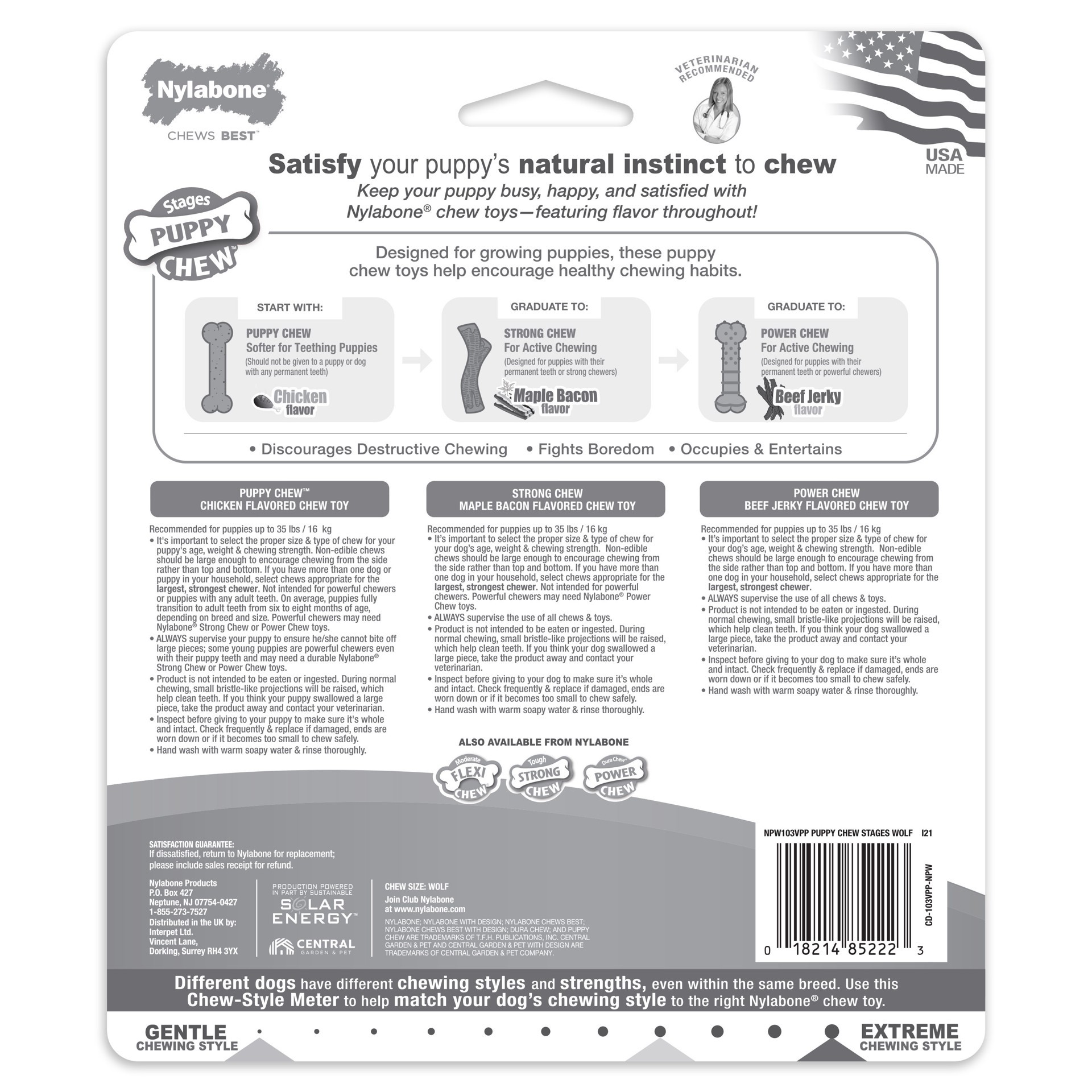 slide 8 of 8, Nylabone Puppy Chew Stages Triple Pack Chewy Toys Chicken, Bacon, & Beef Jerky Triple Pack Medium/Wolf - Up to 35 lbs.(3 Count), 1 ct