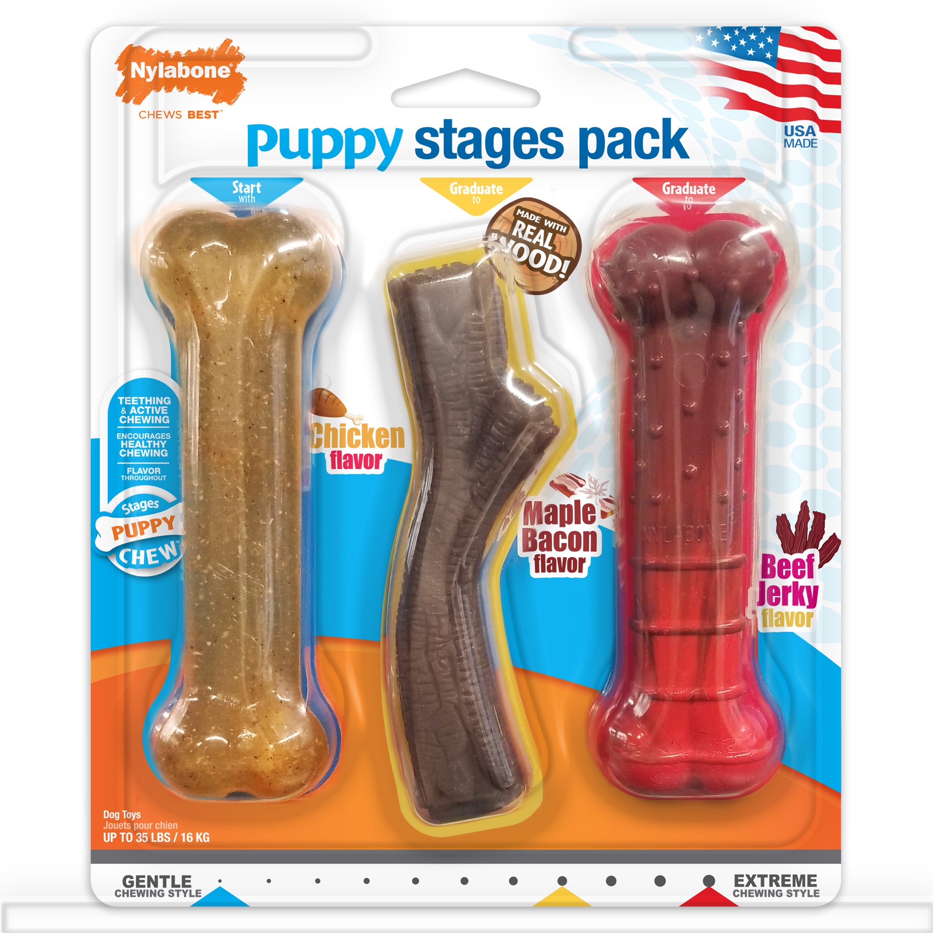 slide 1 of 8, Nylabone Puppy Chew Stages Triple Pack Chewy Toys Chicken, Bacon, & Beef Jerky Triple Pack Medium/Wolf - Up to 35 lbs.(3 Count), 1 ct