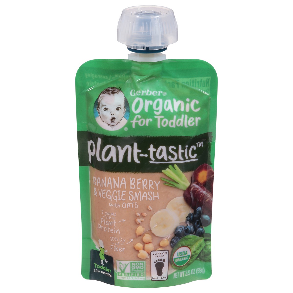 slide 1 of 8, Gerber Plant-tastic Toddler (12+ Months) Organic Banana Berry & Veggie Smash with Oats 3.5 oz, 3.5 oz