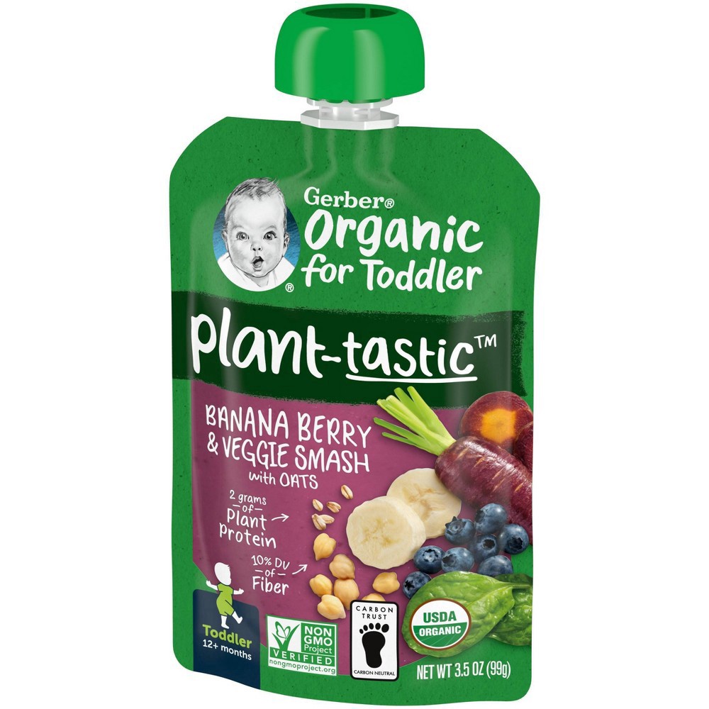 slide 2 of 8, Gerber Plant-tastic Toddler (12+ Months) Organic Banana Berry & Veggie Smash with Oats 3.5 oz, 3.5 oz