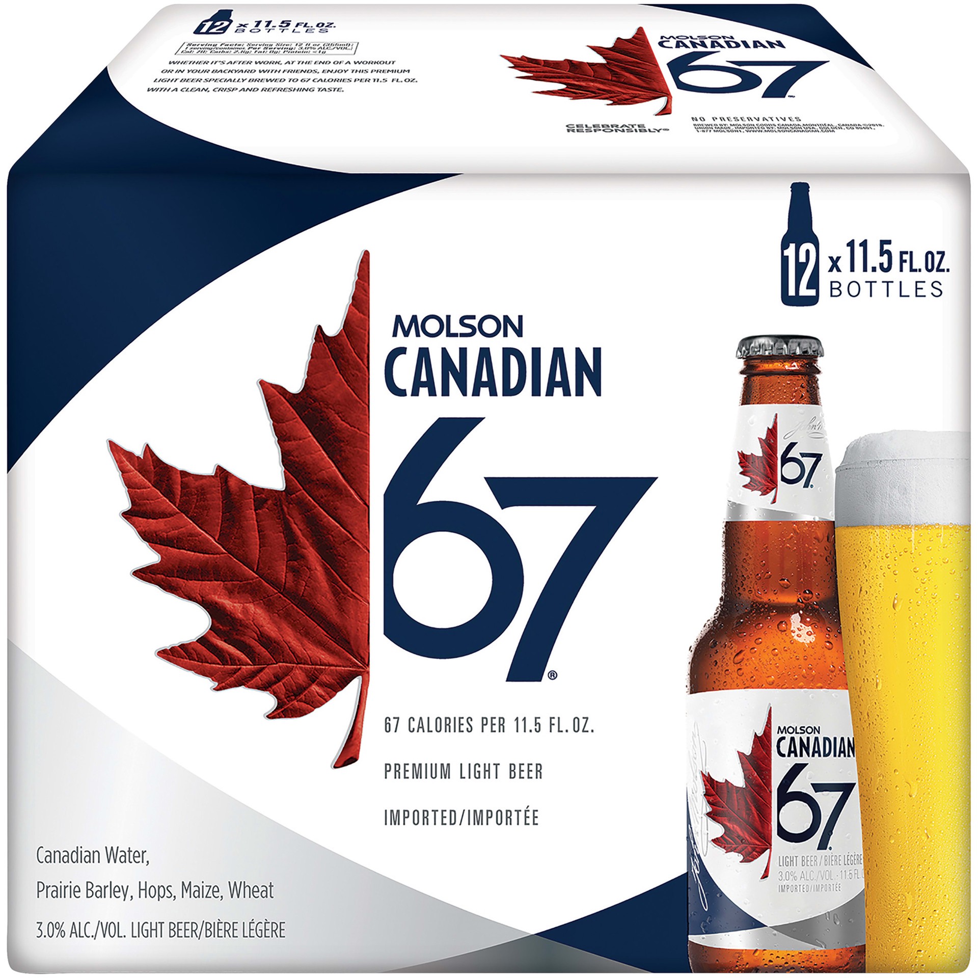 slide 1 of 3, Molson Canadian 67 Molson Canadian Light Beer, 12 Pack, 12 fl. oz. Can, 3% ABV, 12 pk, 11.5 fl. oz.