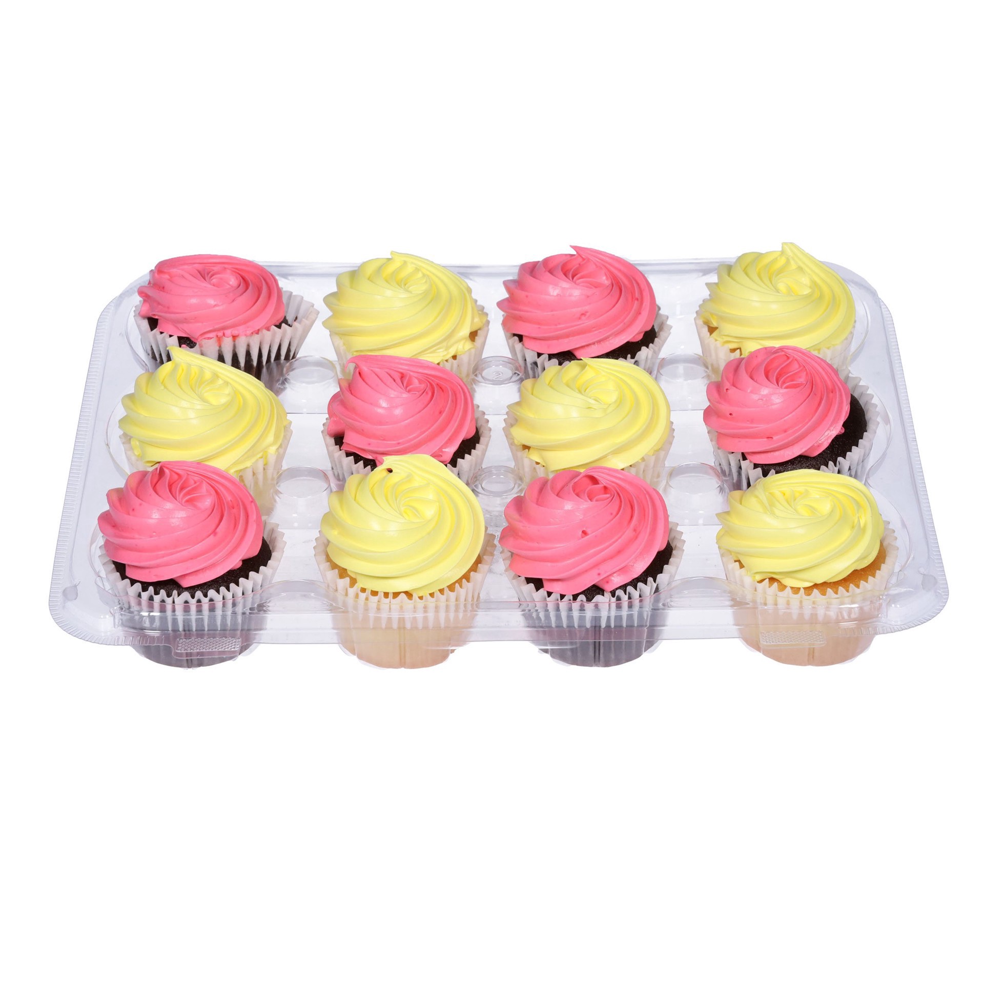 slide 1 of 1, H-E-B 6 White and 6 Chocolate Cupcakes with Pastel Green & Blue Elite Icing, 12 ct