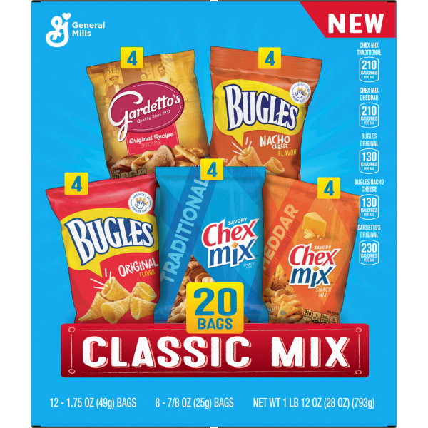 slide 16 of 29, General Mills Classic Mix Snack Variety Pack, Bugles Original & Nacho Cheese, Gardetto''s Original Recipe, Chex Mix Traditional & Cheddar, 28 oz (20 Bags), 20 ct