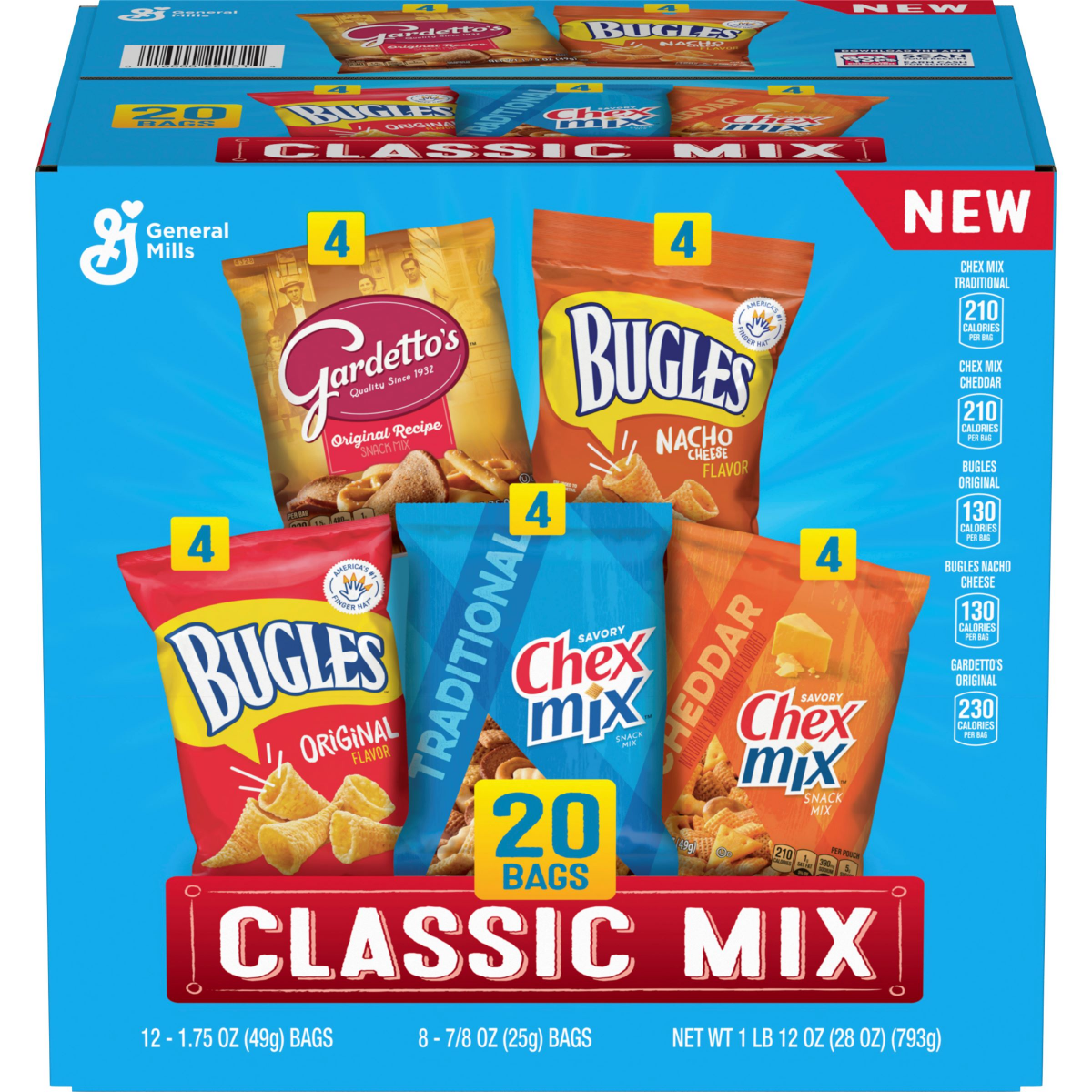 slide 1 of 29, General Mills Classic Mix Snack Variety Pack, Bugles Original & Nacho Cheese, Gardetto''s Original Recipe, Chex Mix Traditional & Cheddar, 28 oz (20 Bags), 20 ct