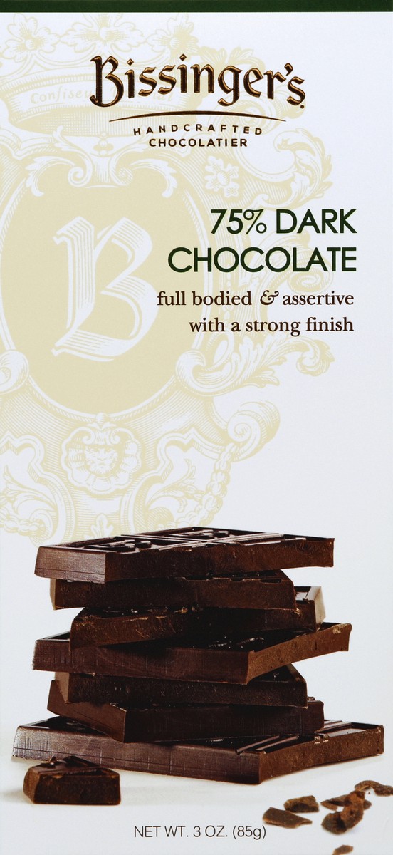 slide 4 of 4, Bissinger's 75% Dark Chocolate 3 oz, 3 oz