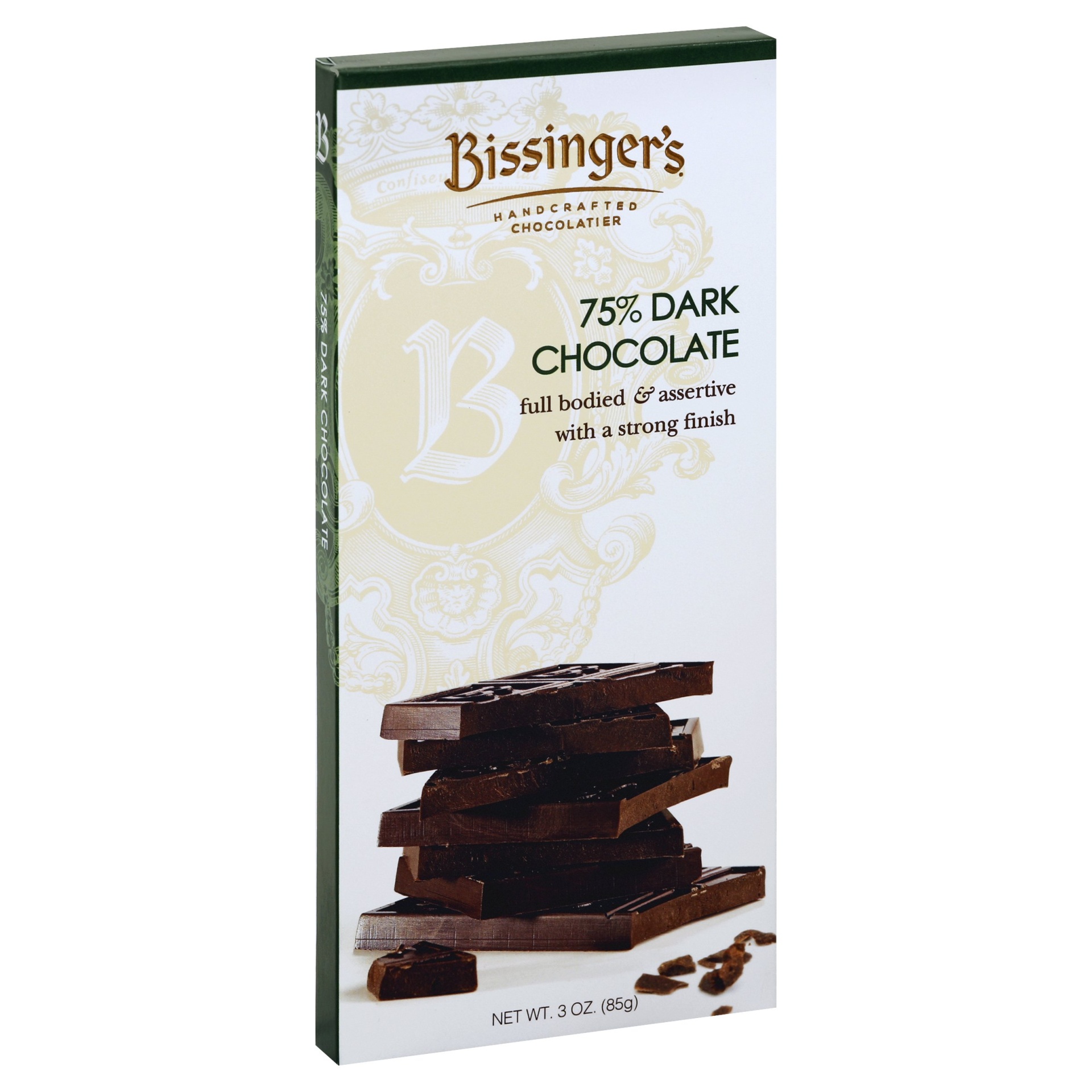 slide 1 of 1, Bissinger's 75% Dark Chocolate Bar, 3 oz