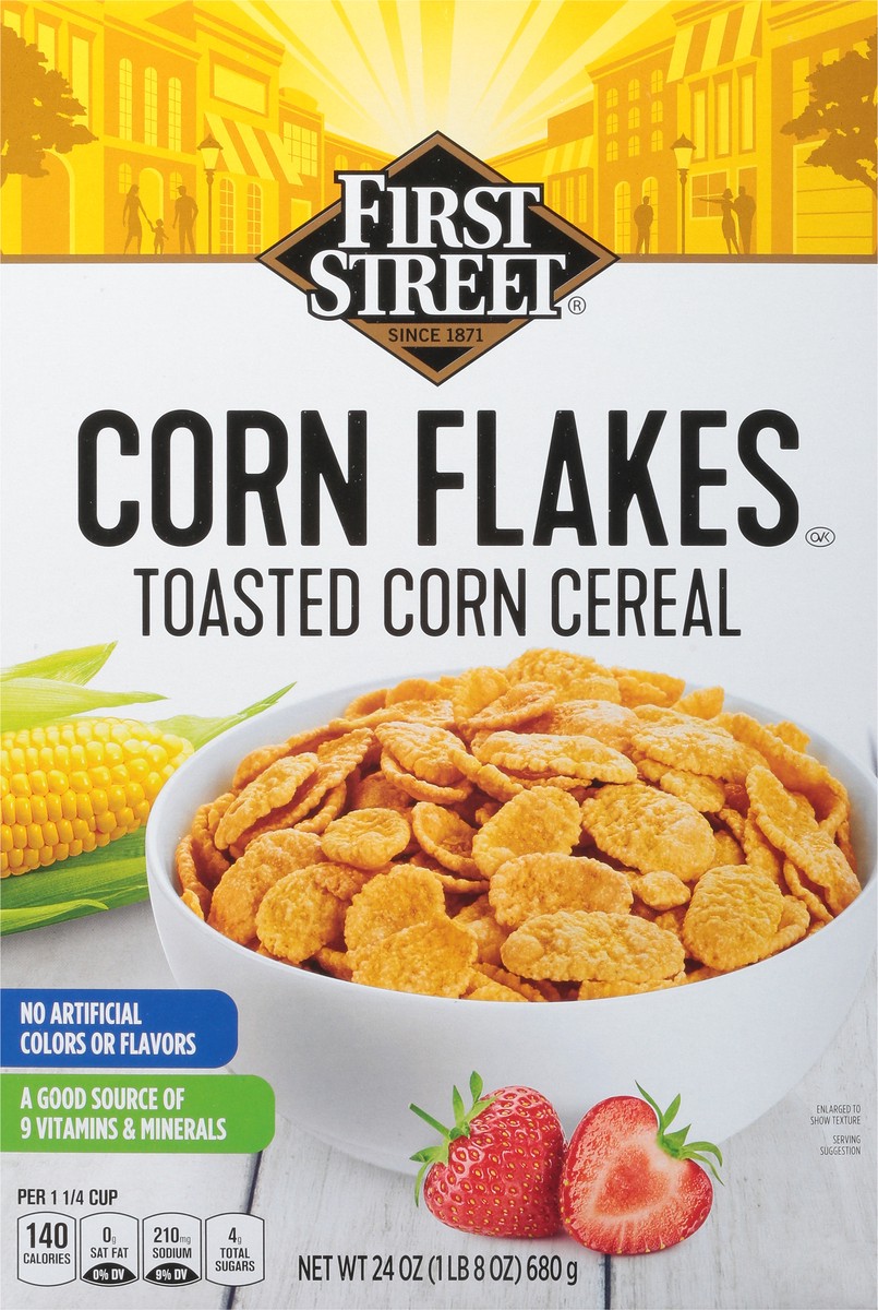 slide 2 of 14, First Street Cereal Corn Flakes Toasted, 24 oz