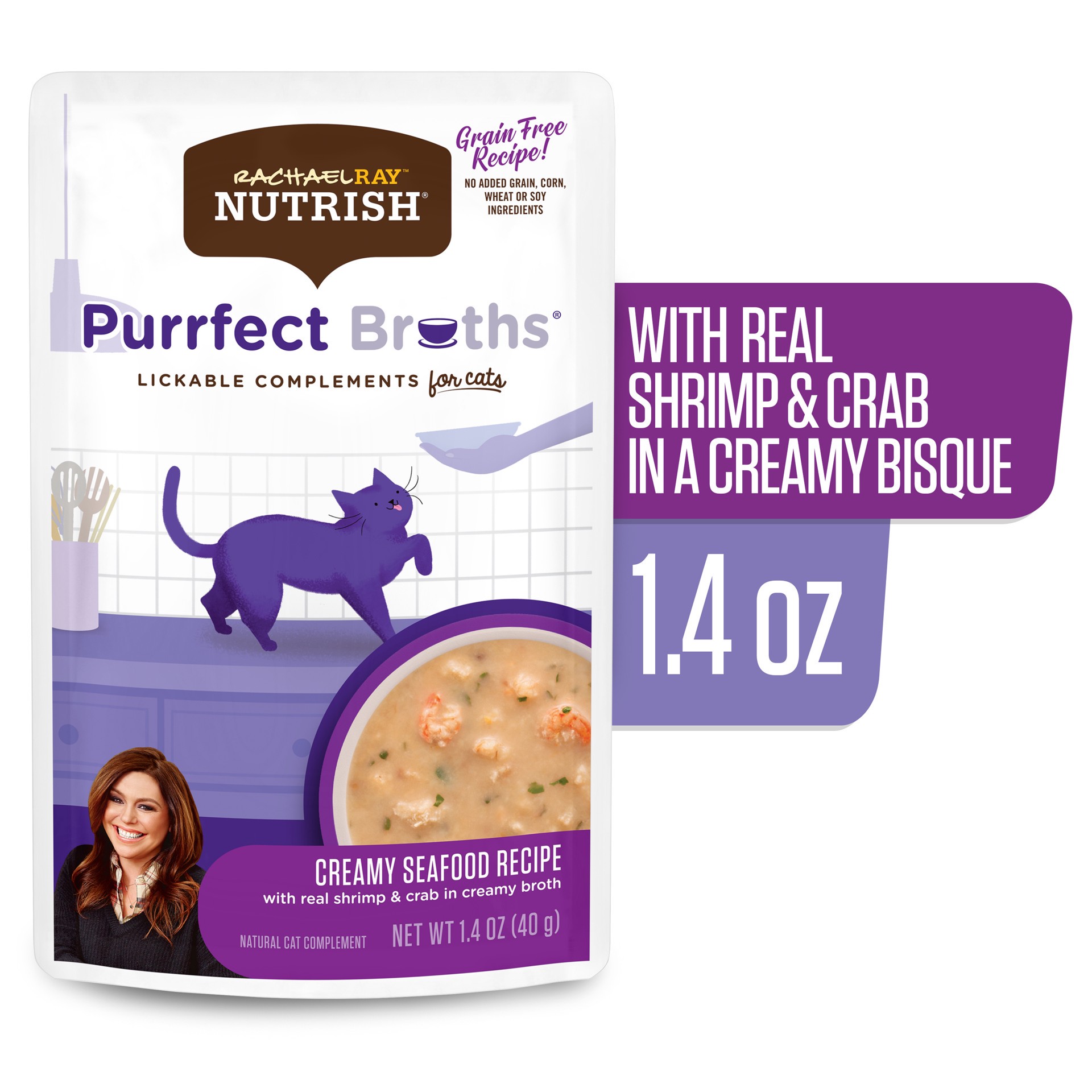 slide 4 of 6, Rachael Ray Nutrish Purrfect Broths Lickable Cat Treats and Meal Complements, Creamy Seafood Recipe, 1.4 Ounce Pouch, 1.4 oz