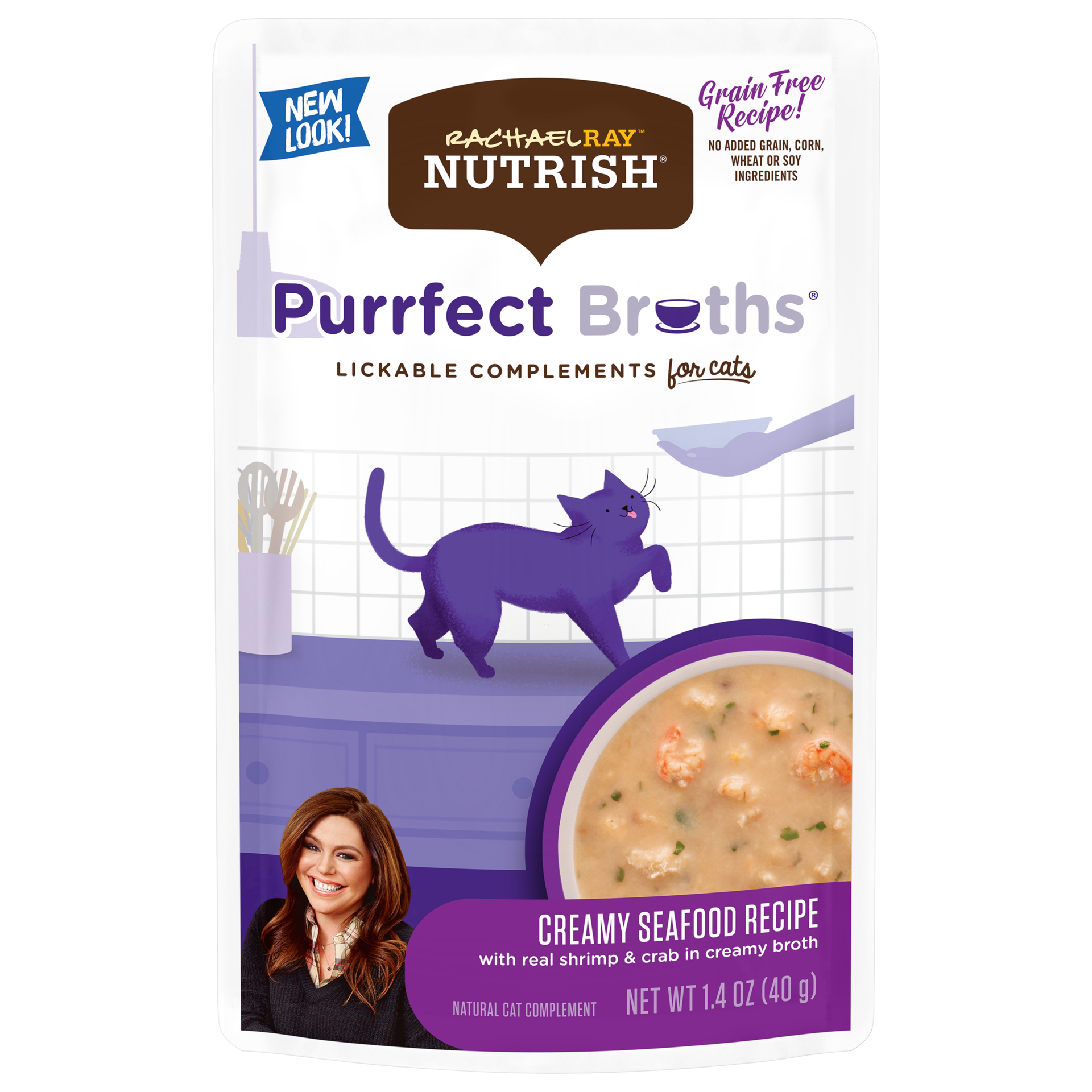 slide 1 of 6, Rachael Ray Nutrish Purrfect Broths Lickable Cat Treats and Meal Complements, Creamy Seafood Recipe, 1.4 Ounce Pouch, 1.4 oz