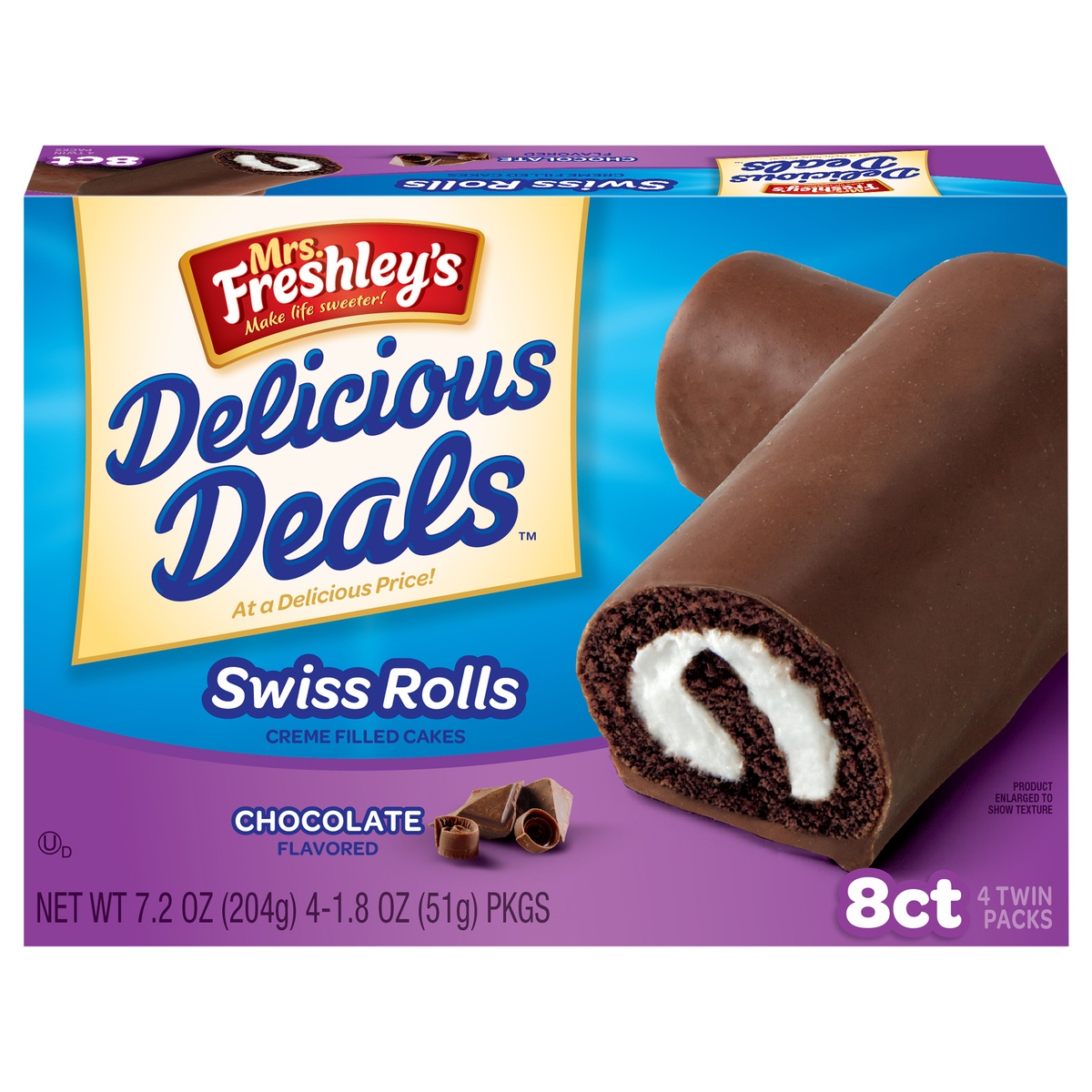 slide 1 of 8, Mrs. Freshley's Delicious Deals Swiss Rolls Creme Filled Cakes 8Ct, 7.2 oz