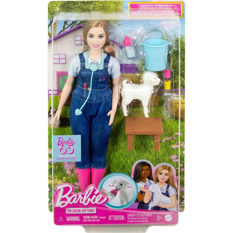 slide 3 of 6, Barbie 65th Anniversary Careers Farm Vet Doll & 10 Accessories Including Lamb with Moving Ears, 1 ct