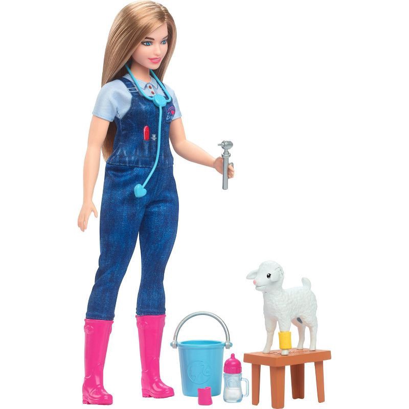 slide 1 of 6, Barbie 65th Anniversary Careers Farm Vet Doll & 10 Accessories Including Lamb with Moving Ears, 1 ct