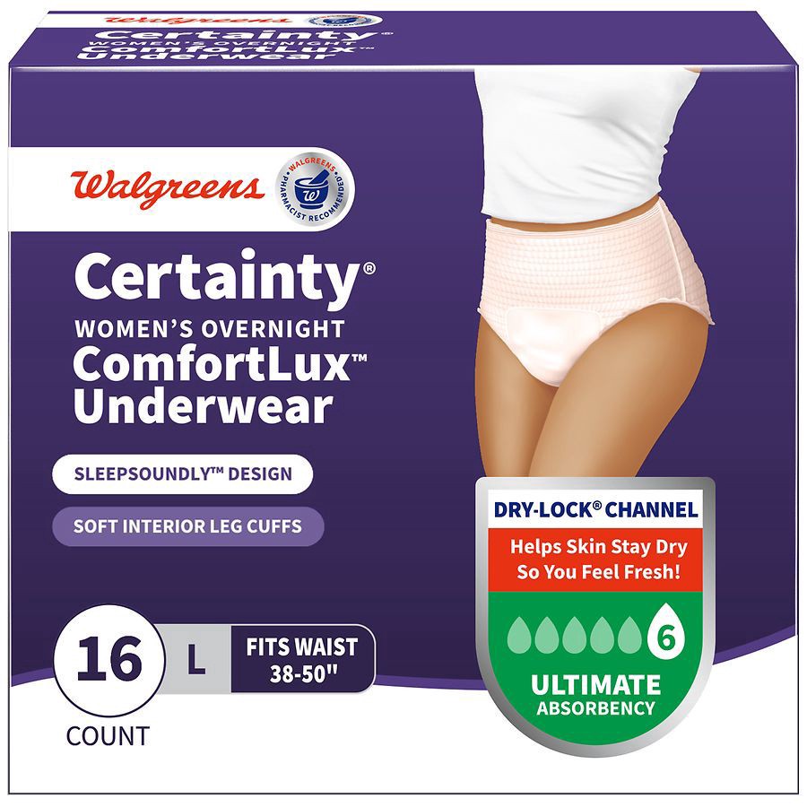 slide 1 of 5, Walgreens Certainty Overnight Ultimate Absorbancy Size L Women's Underwear, 16 ct