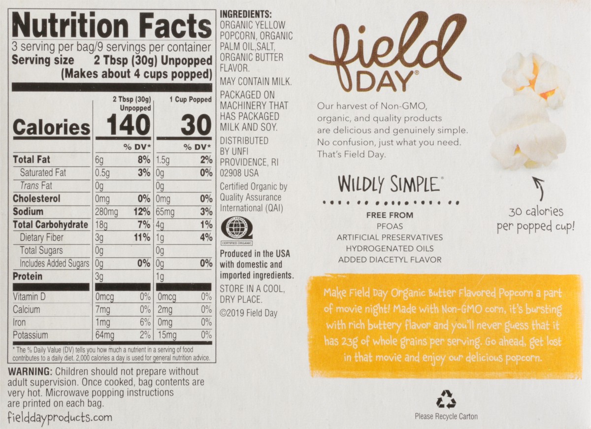 slide 11 of 13, Field Day Organic Microwave Butter Flavored Popcorn 3 - 3.5 oz Bags, 3 ct