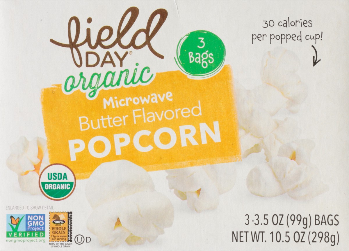 slide 2 of 13, Field Day Organic Microwave Butter Flavored Popcorn 3 - 3.5 oz Bags, 3 ct