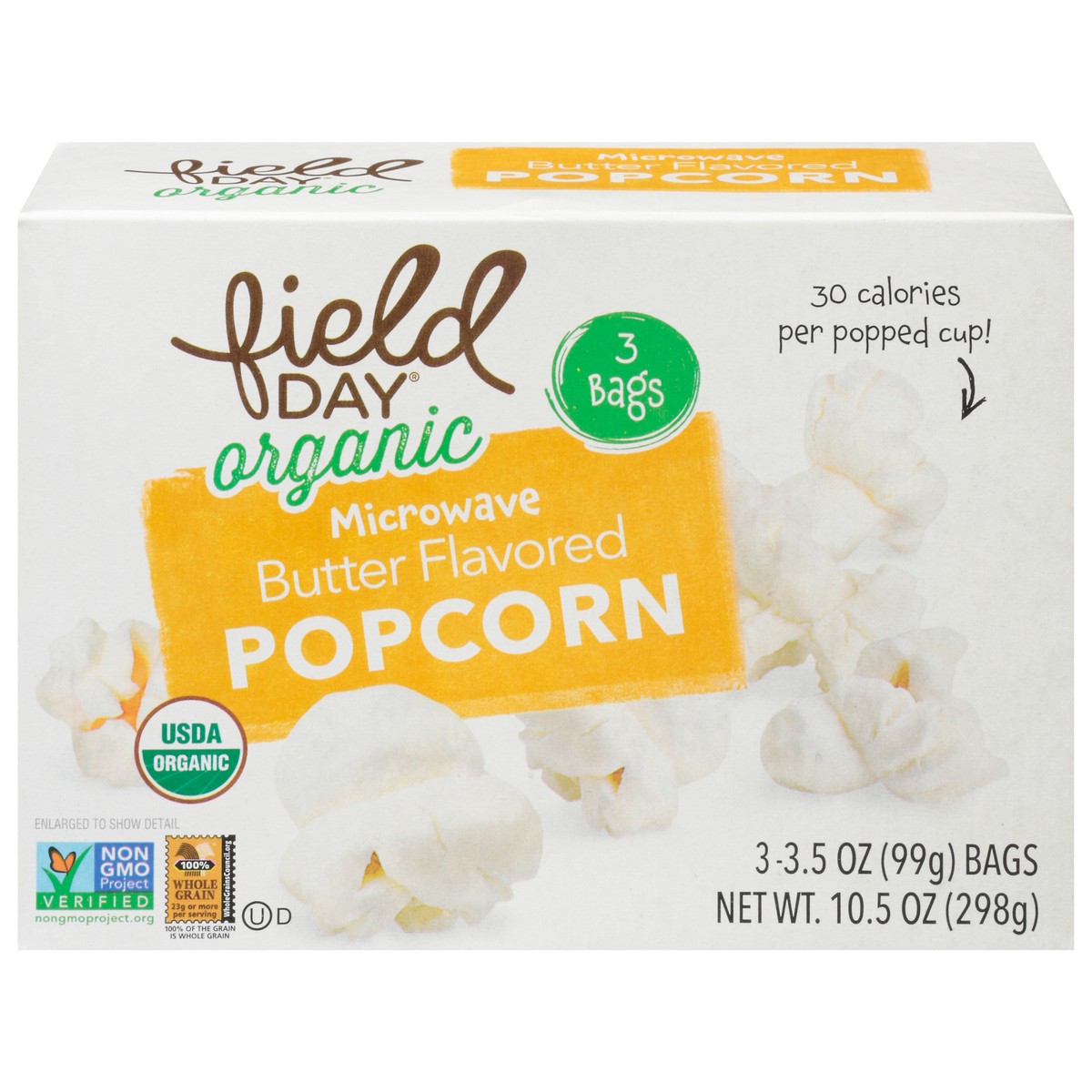 slide 3 of 13, Field Day Organic Microwave Butter Flavored Popcorn 3 - 3.5 oz Bags, 3 ct