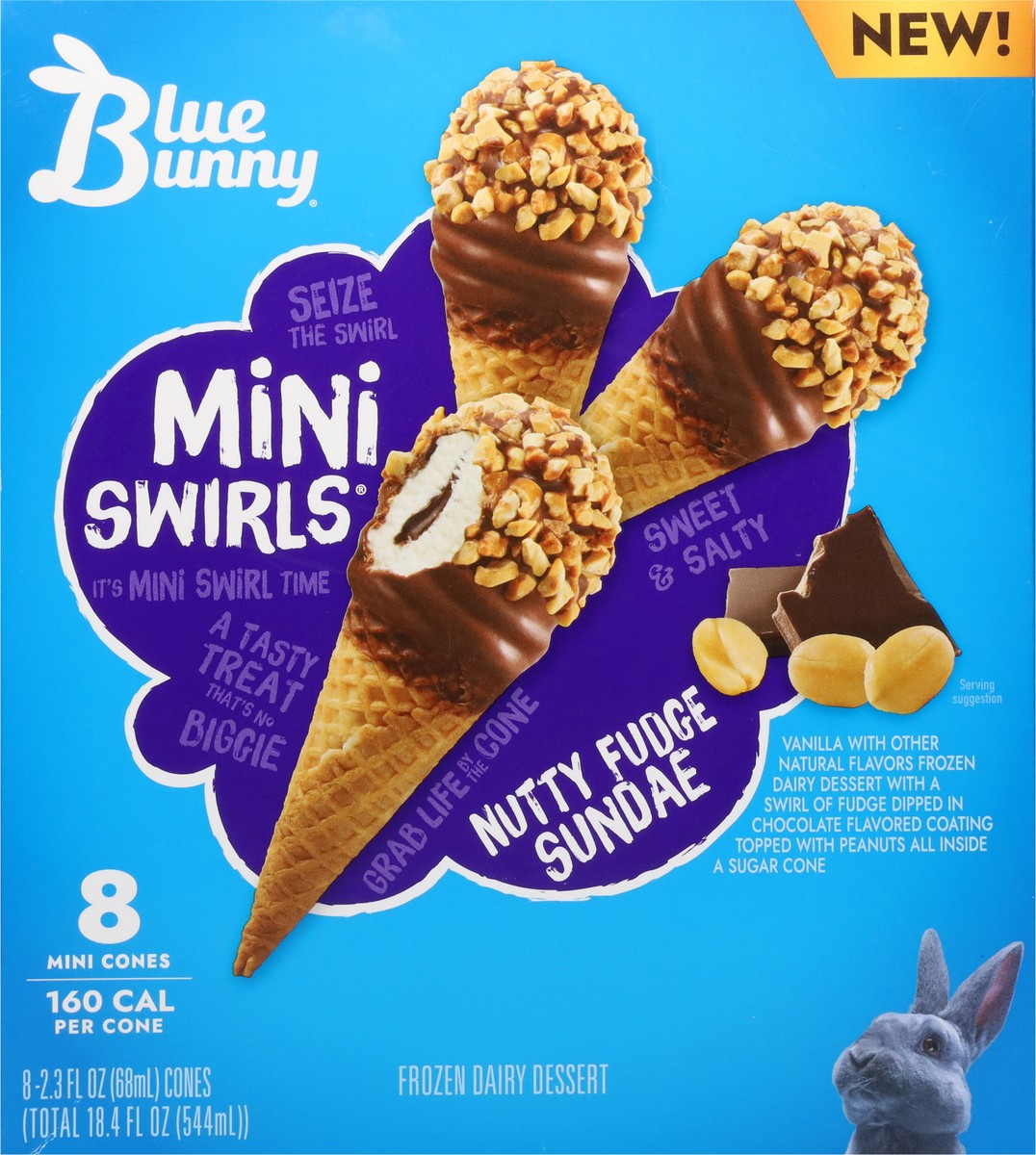 slide 7 of 14, Blue Bunny Mini Swirls Nutty Fudge Sundae Cones Frozen Dessert, 8 Pack, 8 ct