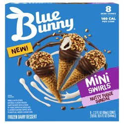 Blue Bunny Mini Swirls Nutty Fudge Sundae Cones Frozen Dessert, 8 Pack