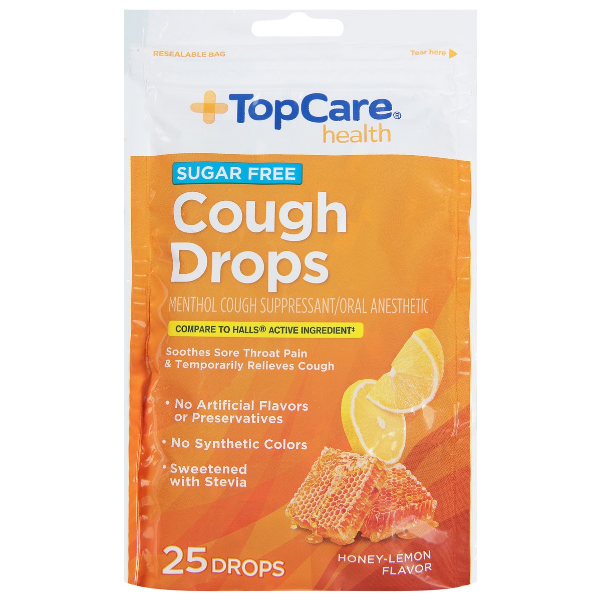 slide 1 of 14, TopCare Cough Drops, Sugar Free, Honey-Lemon Flavor 25 Ea, 25 ct