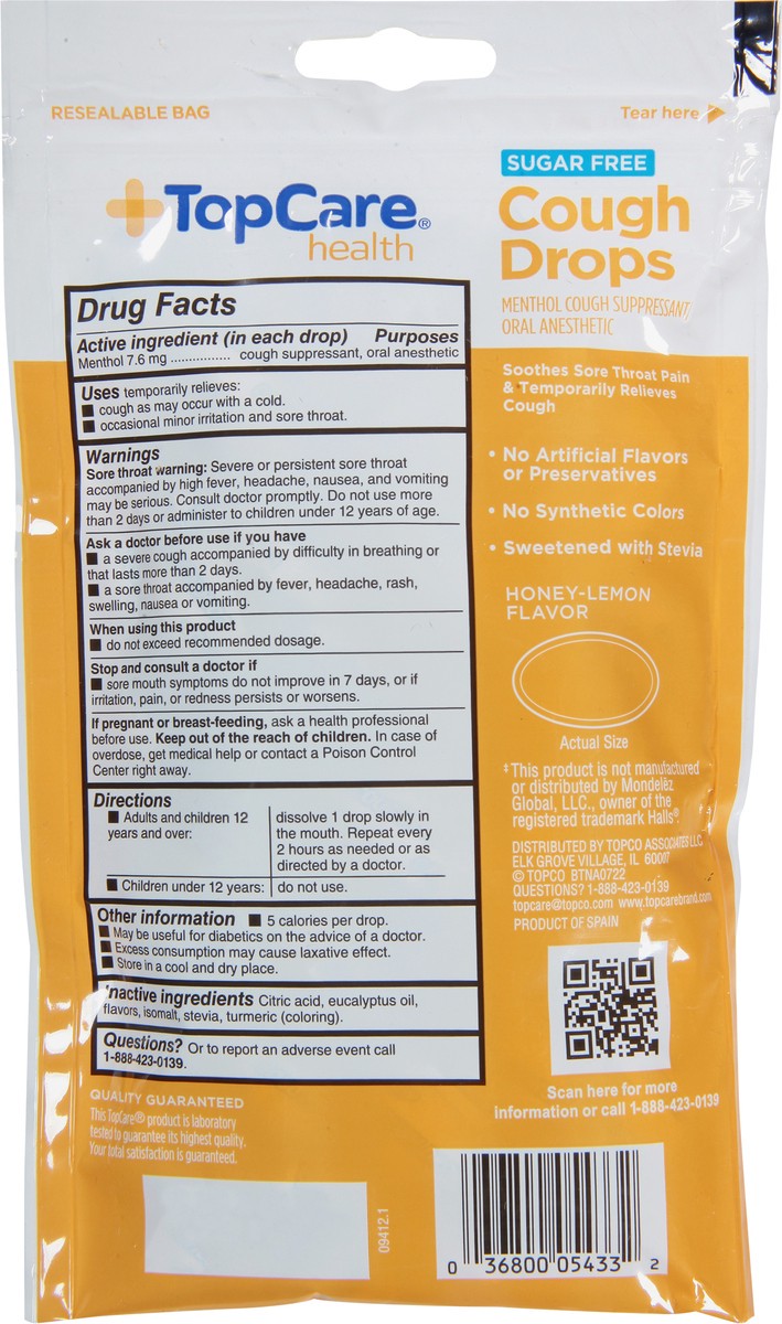 slide 14 of 14, TopCare Cough Drops, Sugar Free, Honey-Lemon Flavor 25 Ea, 25 ct