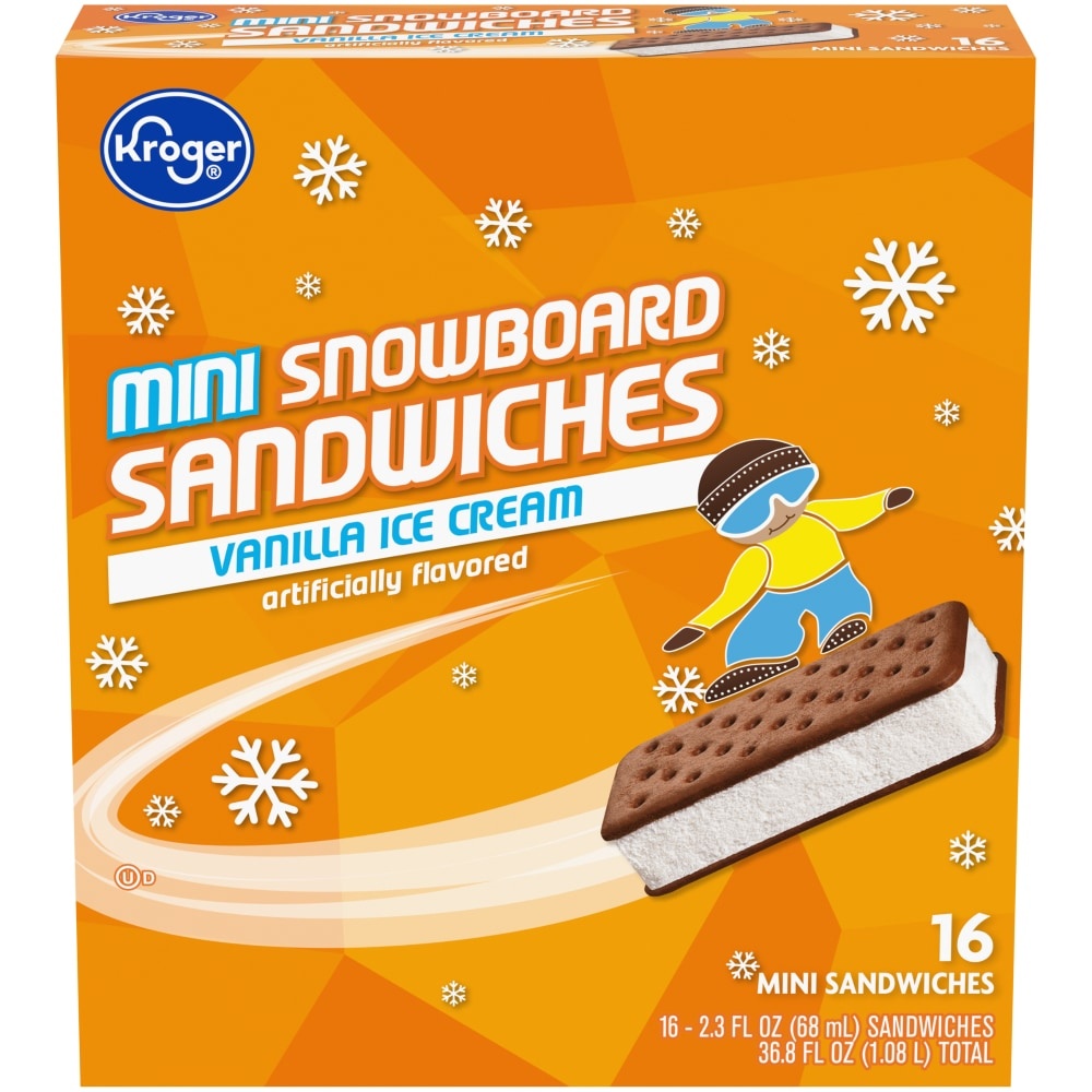 slide 1 of 1, Kroger Mini Vanilla Ice Cream Snowboard Sandwiches, 36.8 oz