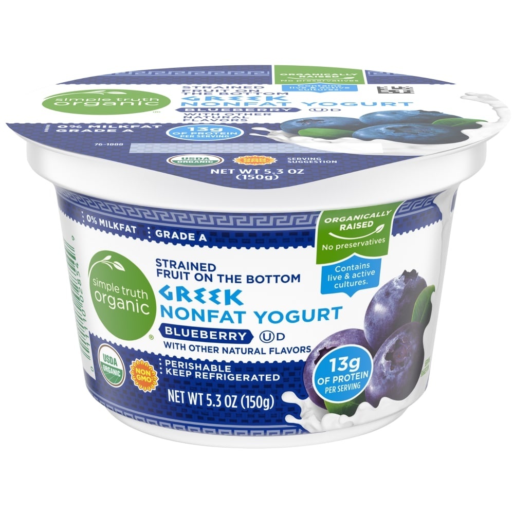 slide 1 of 1, Simple Truth Organic Strained Blueberry Greek Nonfat Yogurt, 5.3 oz