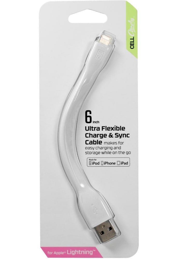 slide 1 of 1, Cellcandy Flexible Charge And Sync Usb-To-Lightning Cable - White, 6 in