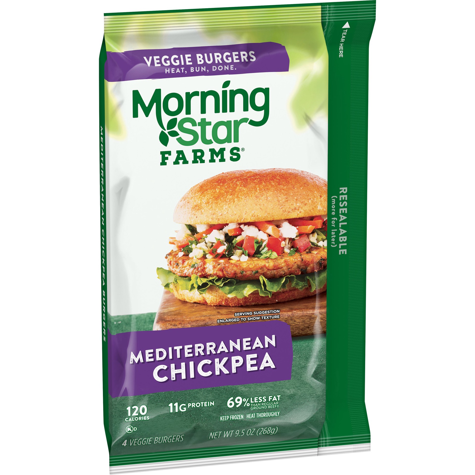 slide 1 of 6, MorningStar Farms Veggie Burgers, Plant Based, Frozen Meal, Mediterranean Chickpea, 9.5 oz