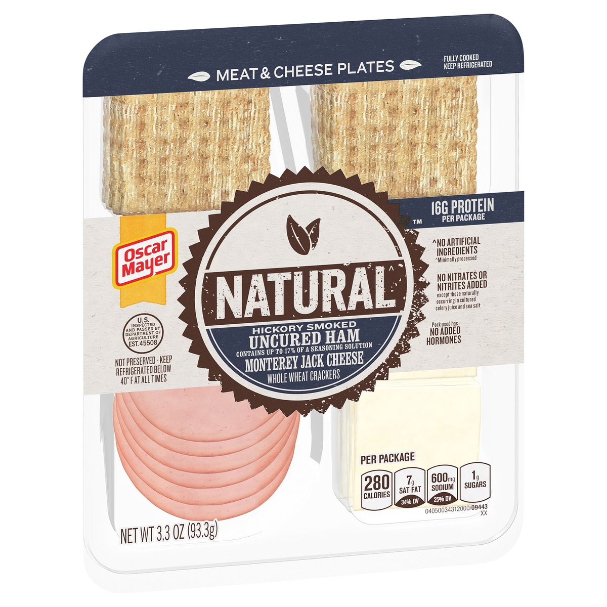 slide 2 of 2, Oscar Mayer Natural Meat & Cheese Snack Plate with Uncured Hickory Smoked Ham, Monterey Jack Cheese & Whole Wheat Crackers Tray, 3.3 oz