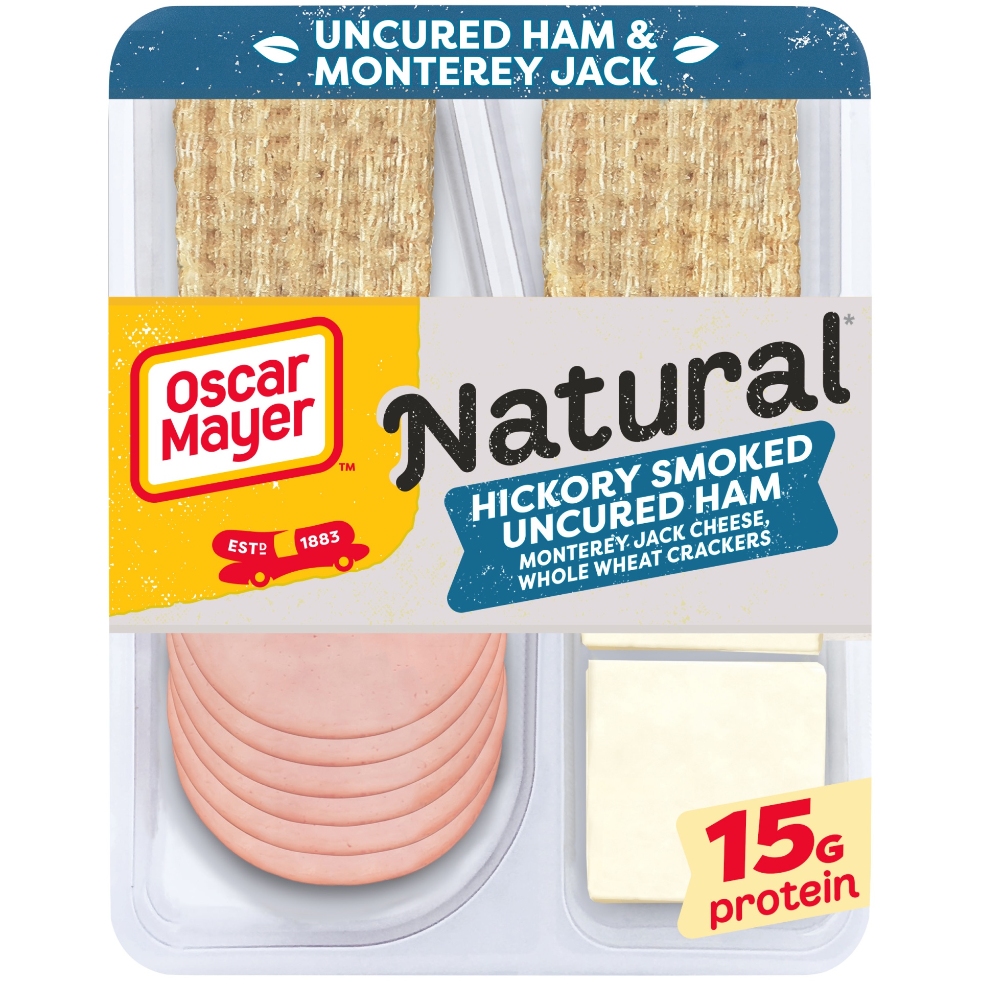 slide 1 of 2, Oscar Mayer Natural Meat & Cheese Snack Plate with Uncured Hickory Smoked Ham, Monterey Jack Cheese & Whole Wheat Crackers Tray, 3.3 oz