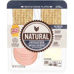 Oscar Mayer Bites Natural Hickory Smoked Uncured Ham, Monterey Jack & Cracker Trio Lunch Kit, 1 Tray, for Easy Lunch and On-the-Go Snacking, 16g Protein Snacks, 3.3 oz