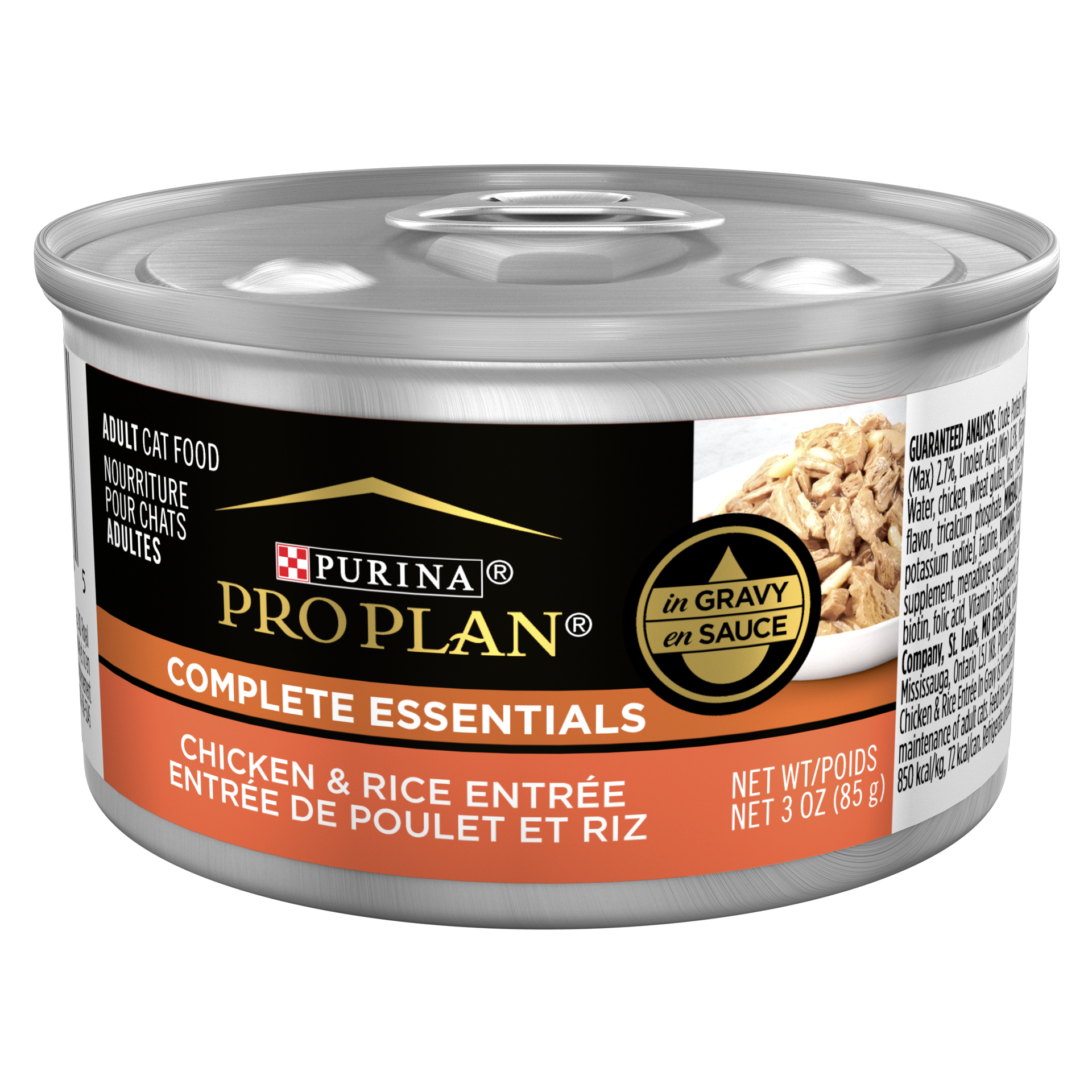 slide 1 of 2, Pro Plan Purina Pro Plan High Protein Cat Food Complete Essentials Wet Gravy, Chicken and Rice Entree, 3 oz