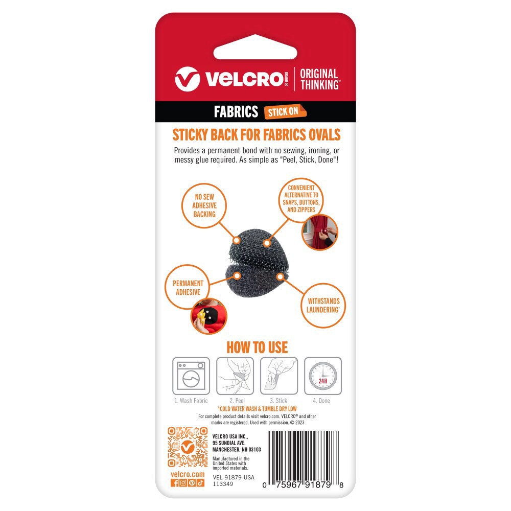 slide 2 of 2, VELCRO® Brand Sticky Back for Fabrics Ovals - 8 Pack - Black, 1 x 0.75 in