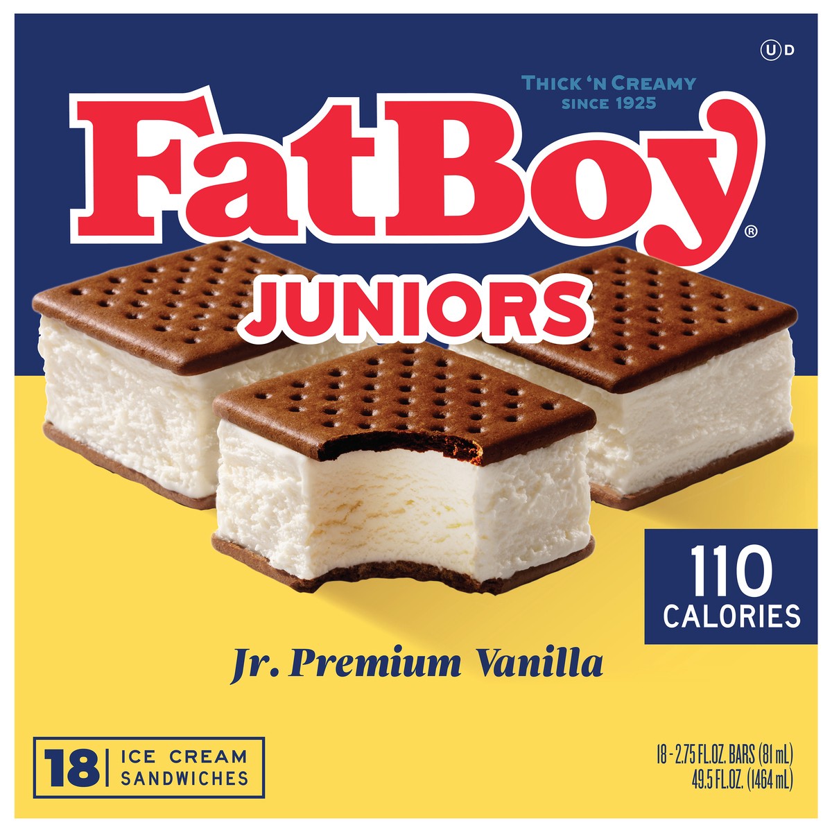 slide 1 of 7, Fat Boy Juniors Premium Vanilla Ice Cream Sandwiches 18 Ea, 18 ct; 2.75 fl oz