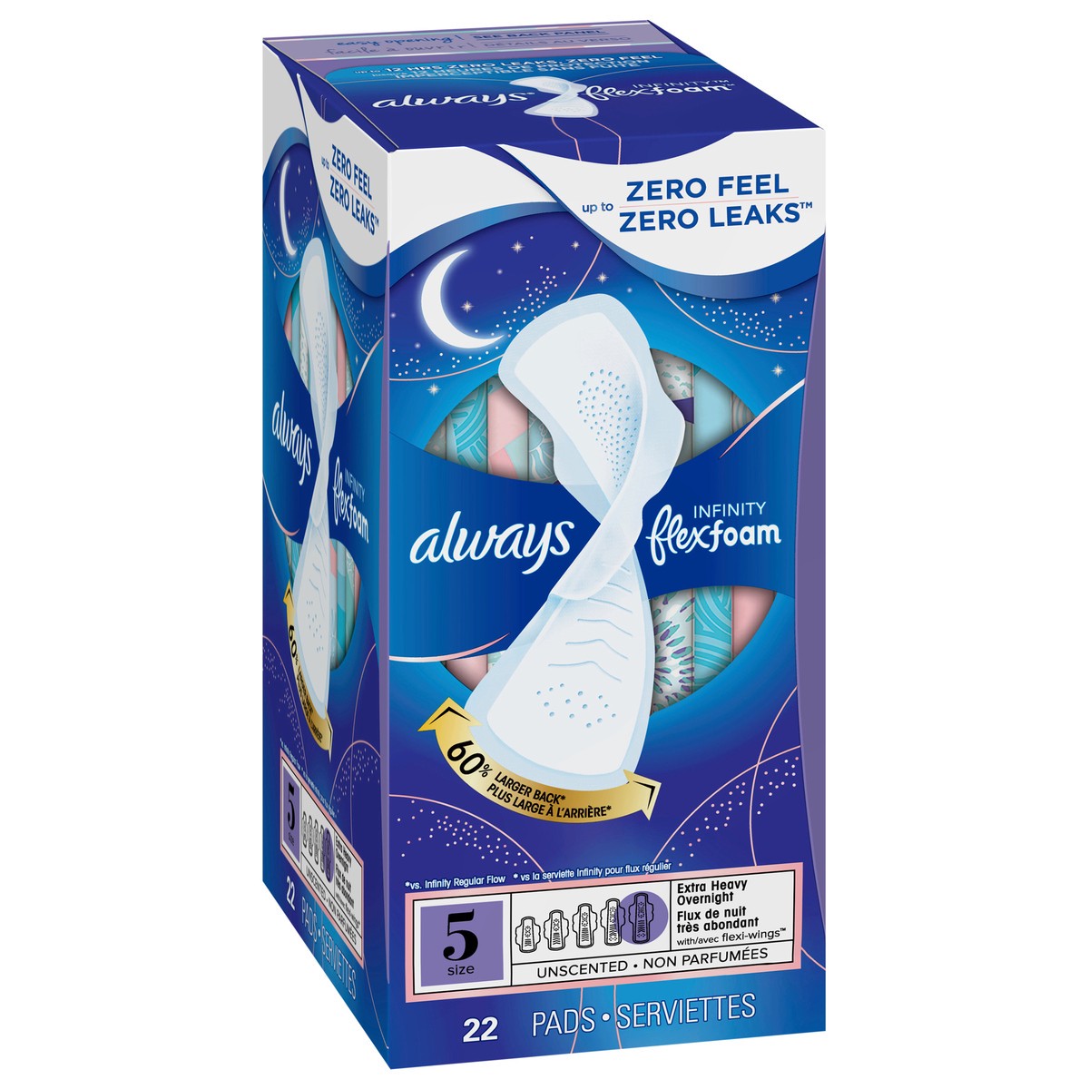 slide 2 of 4, Always Infinity Size 5 Extra Absorbency Unscented Overnight Pads with Wings, 22 ct