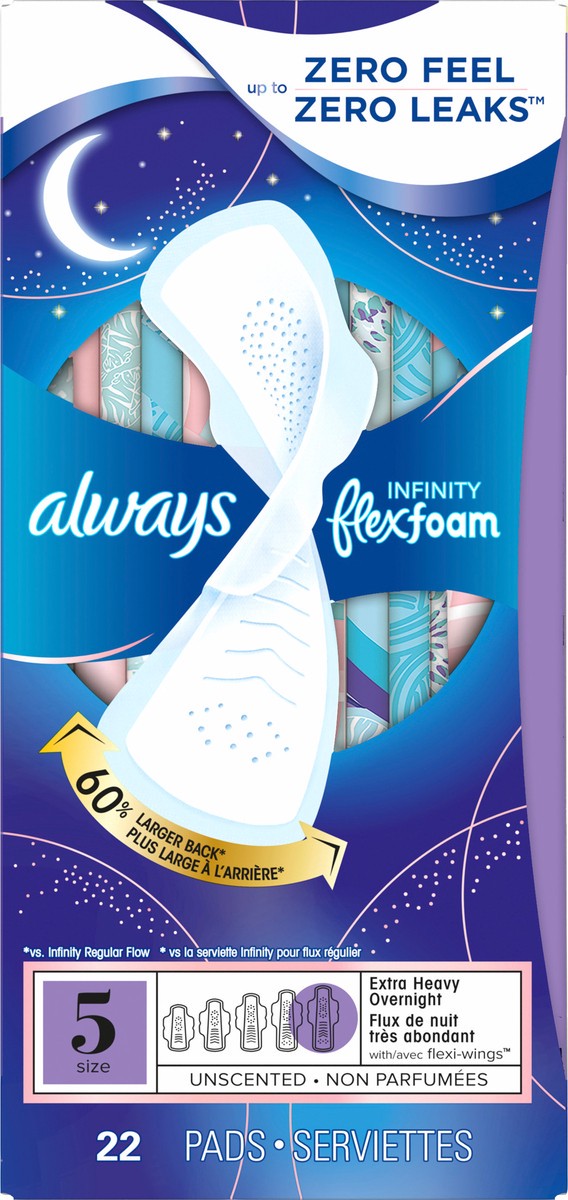 slide 4 of 4, Always Infinity Size 5 Extra Absorbency Unscented Overnight Pads with Wings, 22 ct