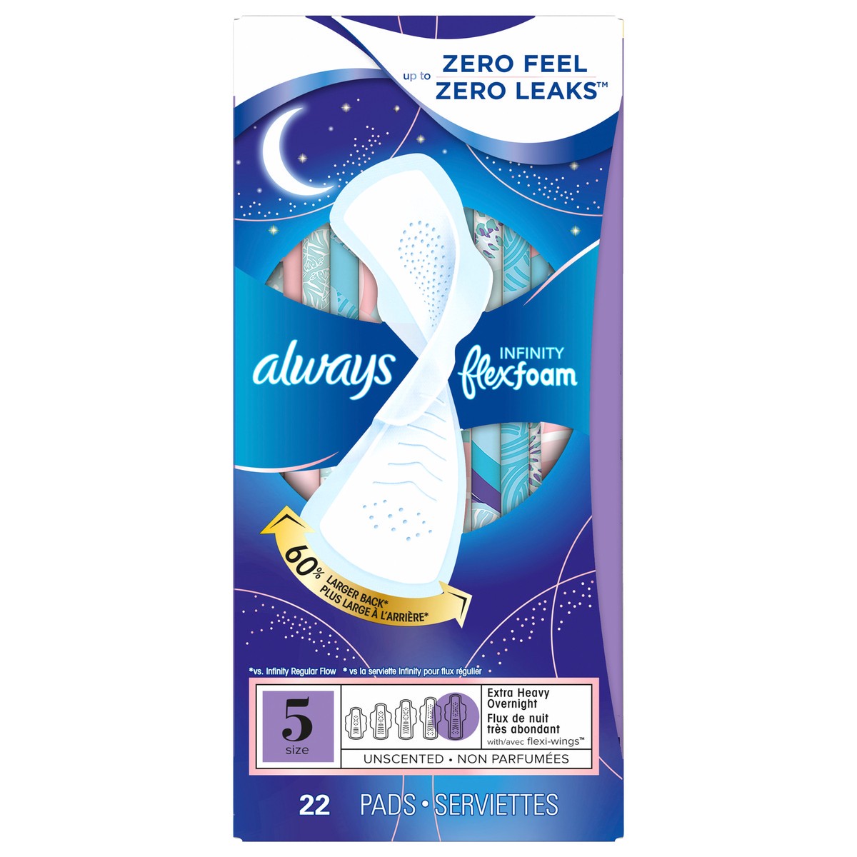 slide 1 of 4, Always Infinity Feminine Pads for Women, Flexfoam Pads with Wings, Size 5, Extra Heavy Overnight Absorbency, Unscented, 22 CT, 22 ct
