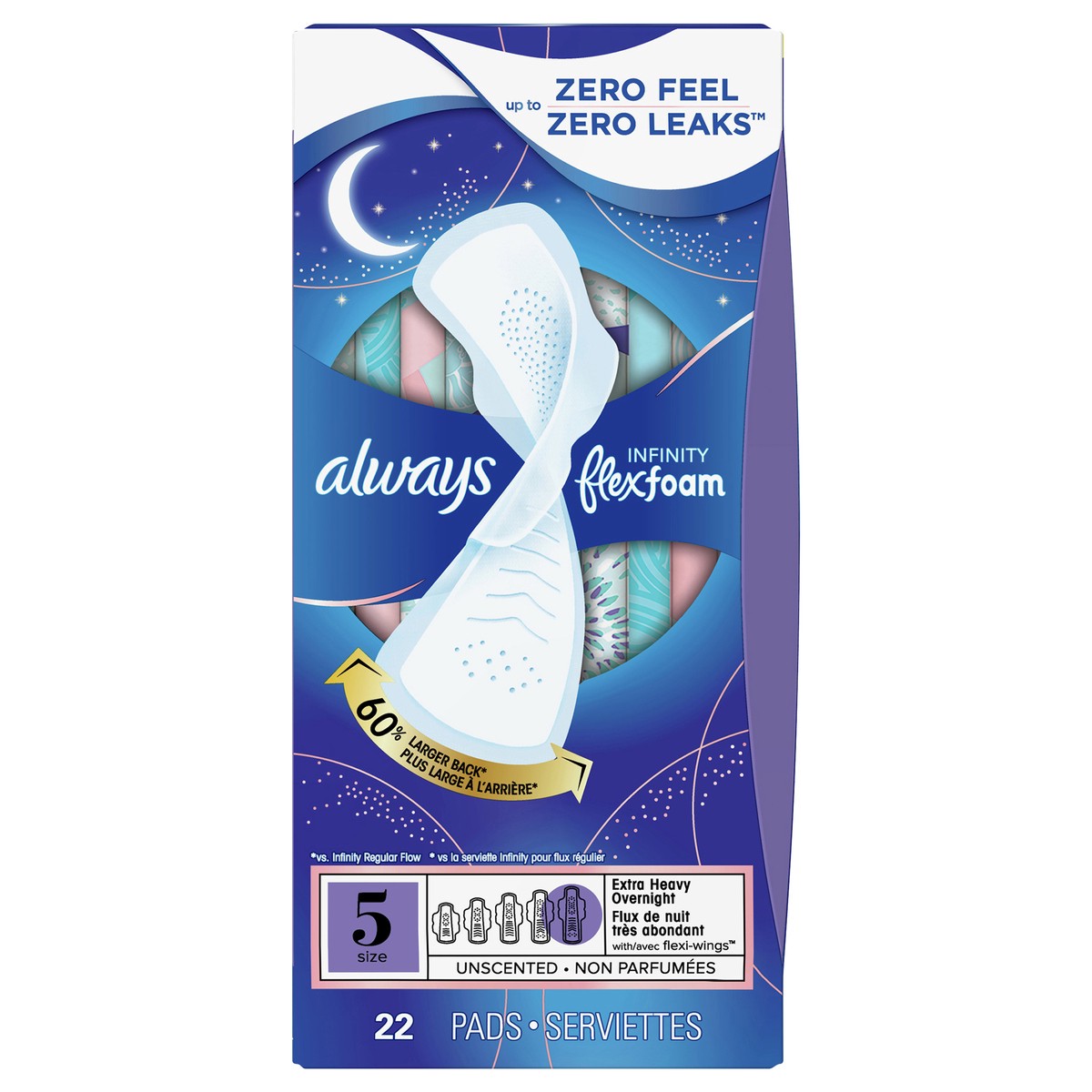 slide 1 of 4, Always Infinity Feminine Pads for Women, Size 5 Extra Heavy Overnight, with wings, unscented, 22 ct, 22 ct