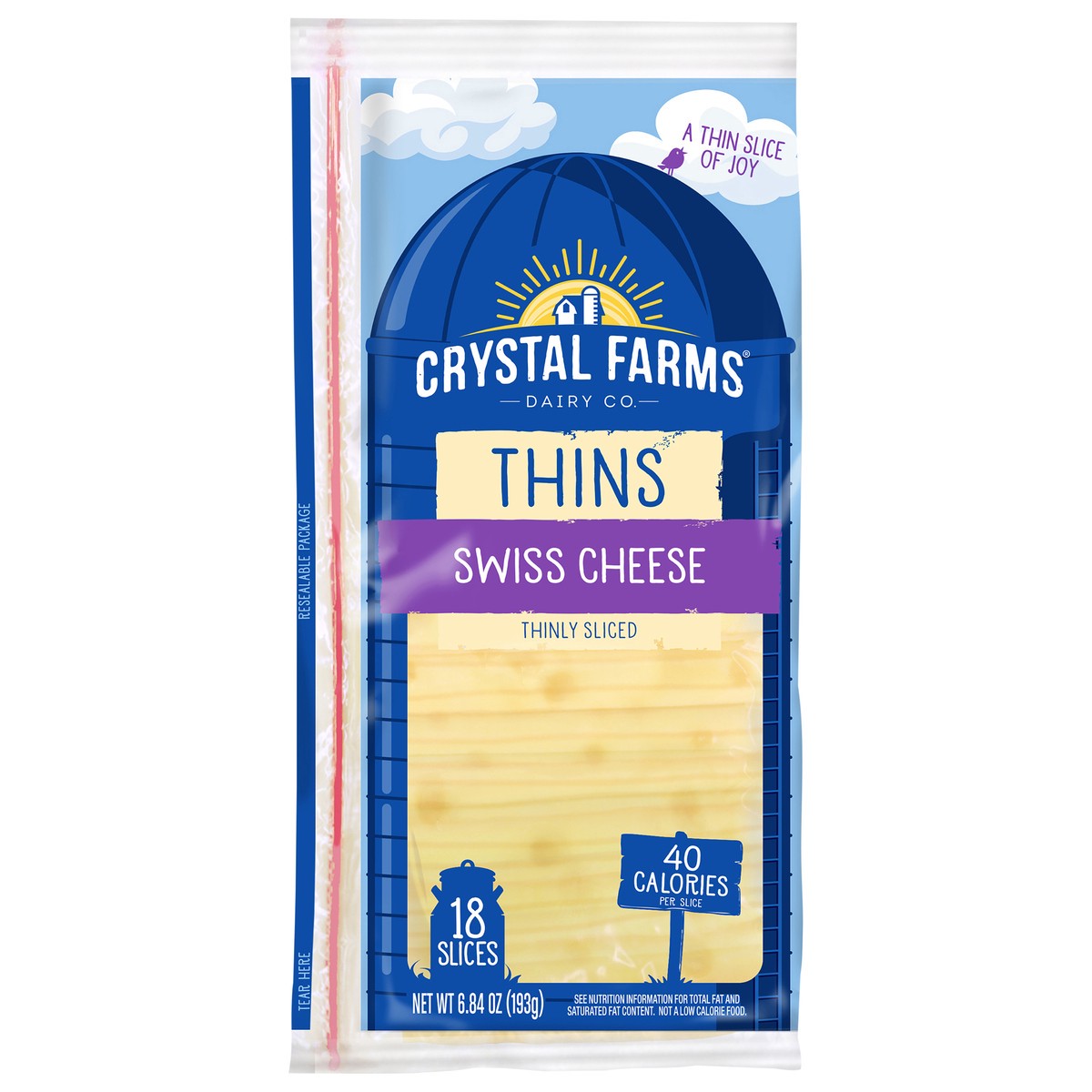 slide 1 of 1, Crystal Farms Thins Swiss Sliced Cheese, 6.84 oz, 18 count, 18 ct