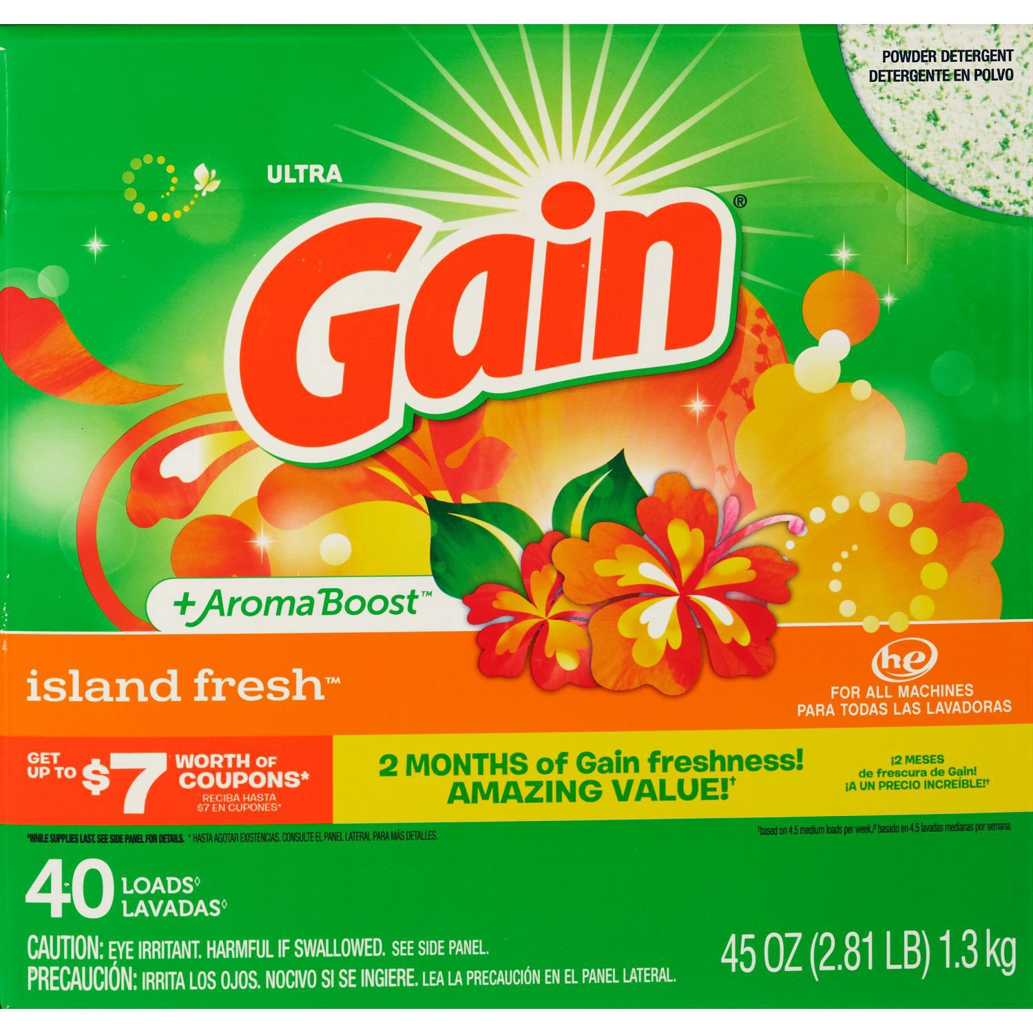 slide 5 of 5, Gain Ultra Powder Laundry Detergent, Island Fresh, 45 Oz, 40 oz