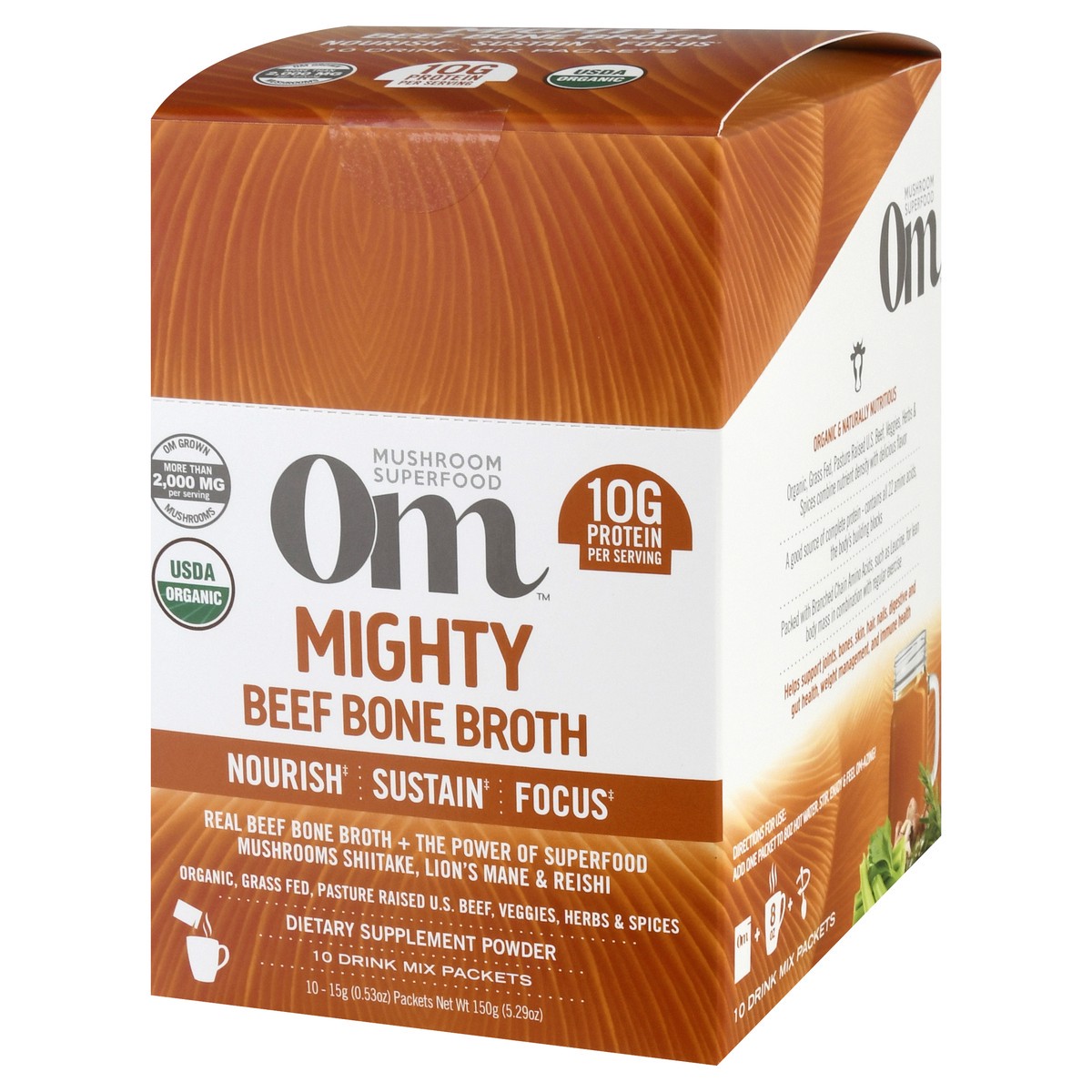 slide 4 of 9, Om Mighty Beef Bone Broth Mushroom Powder 10 ea, 5.29 oz