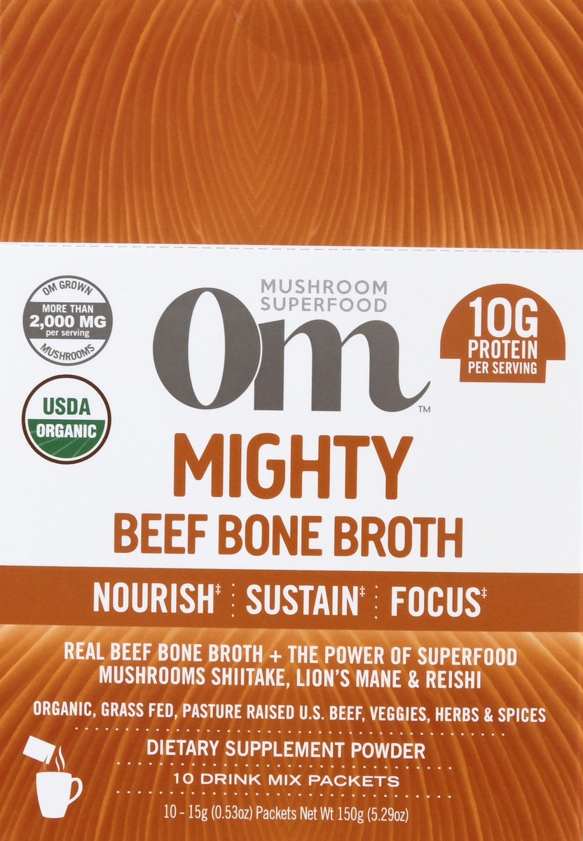 slide 3 of 9, Om Mighty Beef Bone Broth Mushroom Powder 10 ea, 5.29 oz