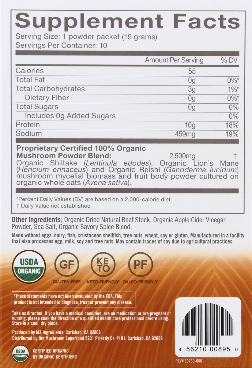 slide 6 of 9, Om Mighty Beef Bone Broth Mushroom Powder 10 ea, 5.29 oz