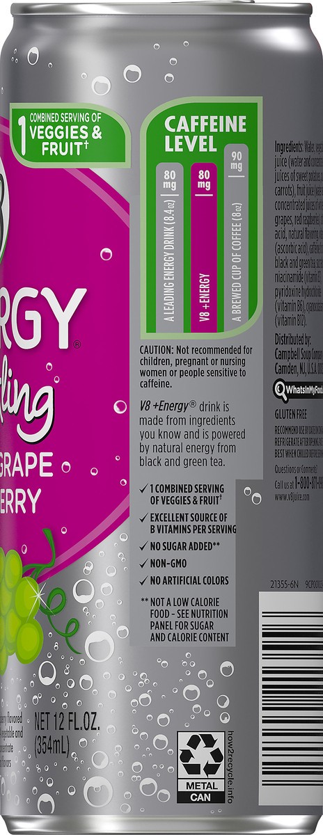 slide 2 of 13, V8 +Energy Sparkling White Grape Raspberry Juice 12 oz, 12 oz