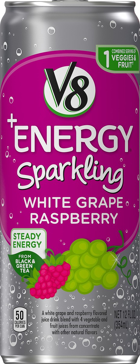 slide 13 of 13, V8 +Energy Sparkling White Grape Raspberry Juice 12 oz, 12 oz