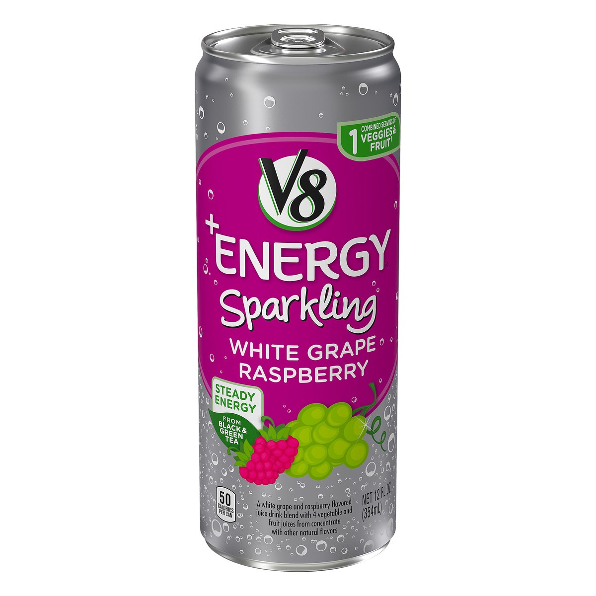 slide 8 of 13, V8 +Energy Sparkling White Grape Raspberry Juice 12 oz, 12 oz