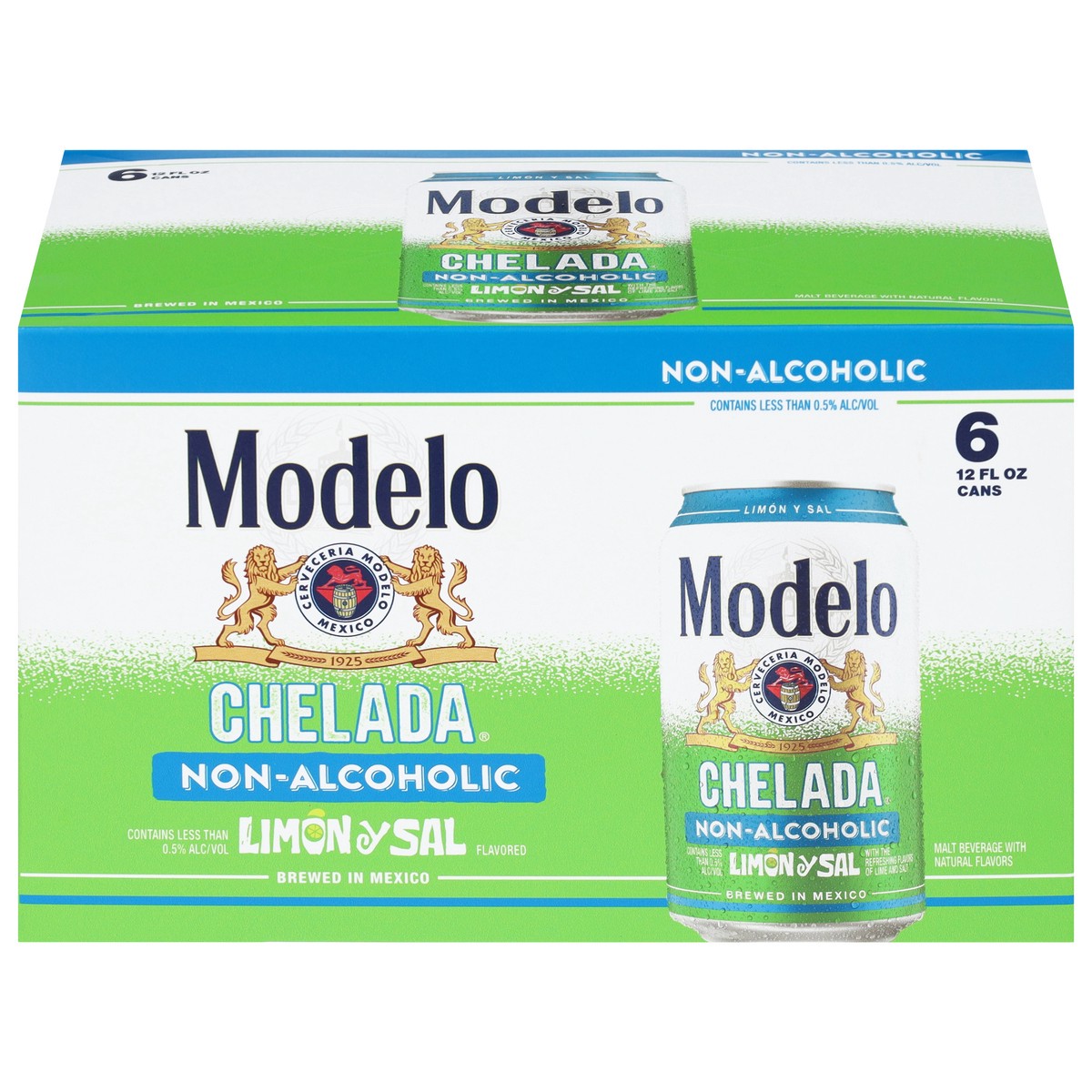 slide 1 of 14, Modelo Chelada Limón Y Sal Non-Alcoholic Malt Beverage Mexican Import Brew, 6 pk 12 fl. oz. Cans, less than 0.5% ABV, 72 fl oz