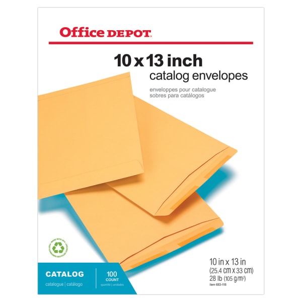 slide 1 of 1, Office Depot Brand Large Format Open-End Catalog Envelopes, 10'' X 13'', Brown Kraft, Box Of 100, 100 ct